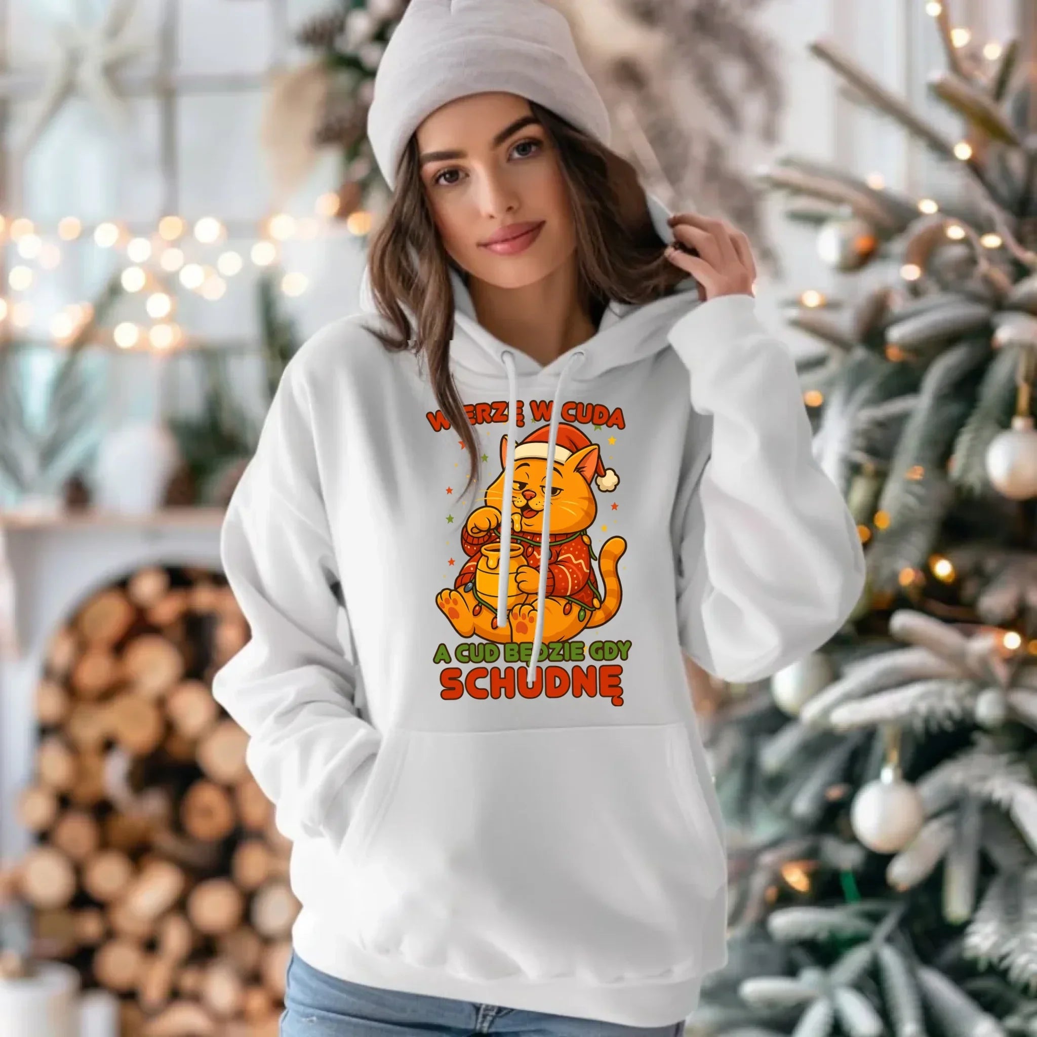 Bluza damska z kapturem świąteczna - Wierzę w cuda, a cud będzie gdy schudnę BN88 - StoryCups.pl