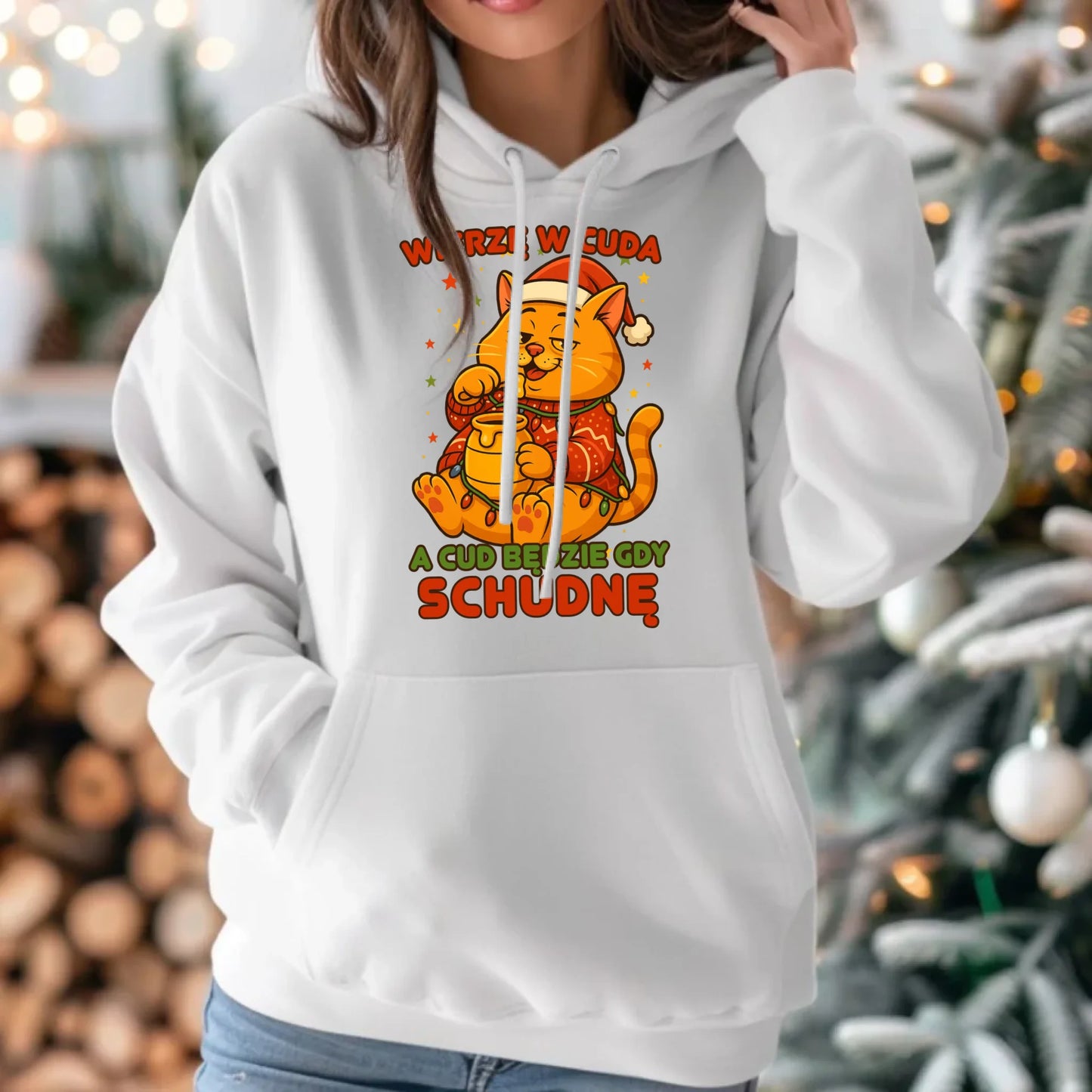 Bluza damska z kapturem świąteczna - Wierzę w cuda, a cud będzie gdy schudnę BN88 - StoryCups.pl