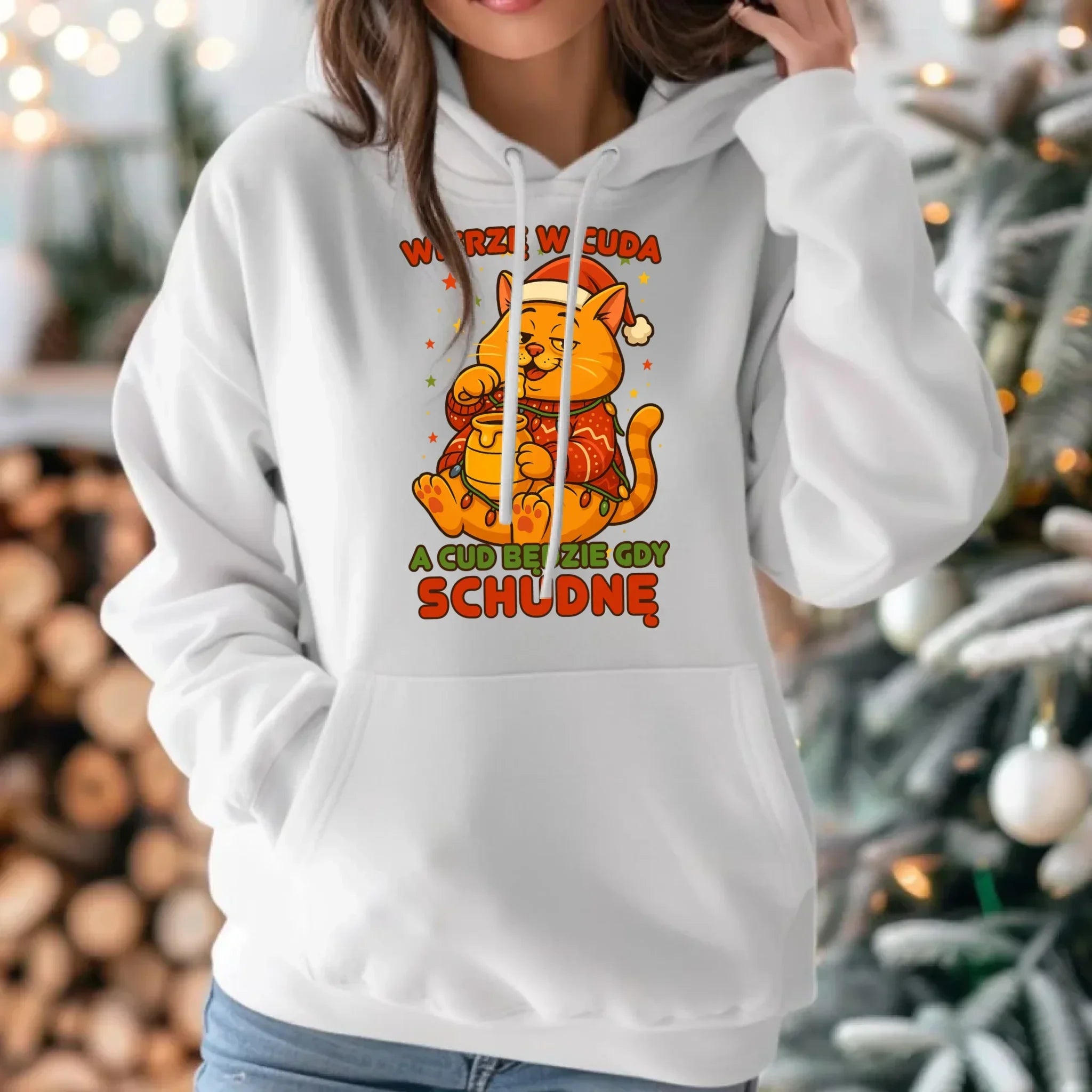 Bluza damska z kapturem świąteczna - Wierzę w cuda, a cud będzie gdy schudnę BN88 - StoryCups.pl