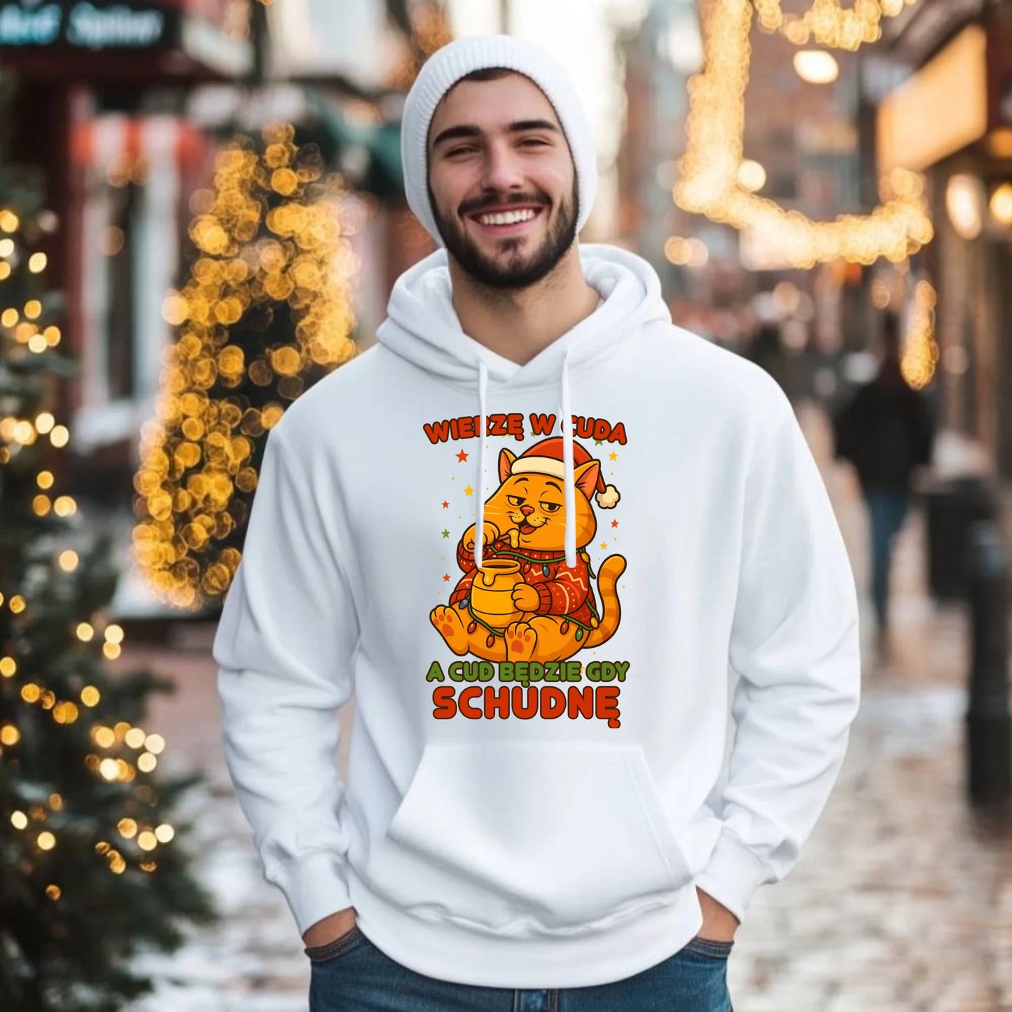 Bluza męska z kapturem świąteczna - Wierzę w cuda, a cud będzie gdy schudnę BN88 - StoryCups.pl