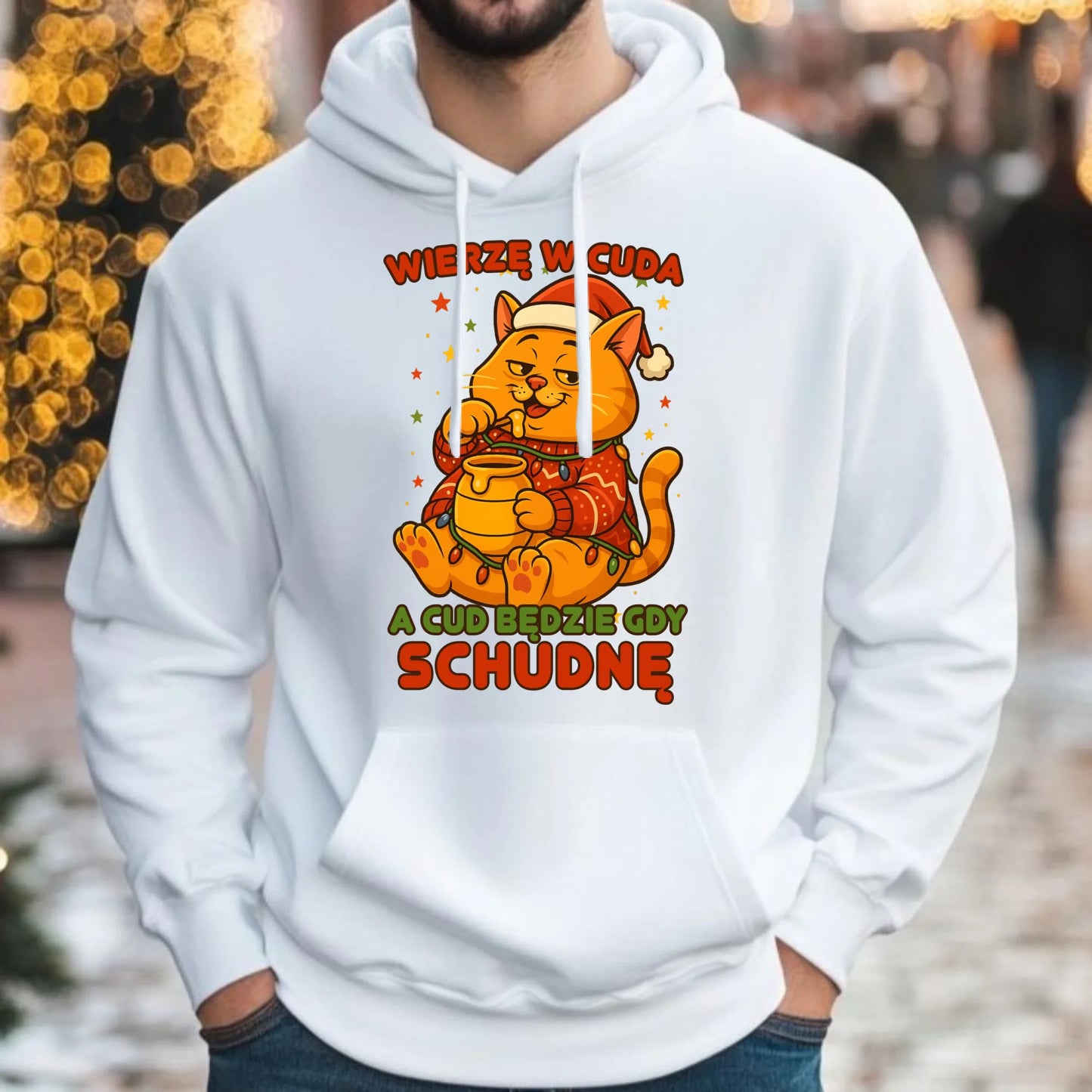 Bluza męska z kapturem świąteczna - Wierzę w cuda, a cud będzie gdy schudnę BN88 - StoryCups.pl