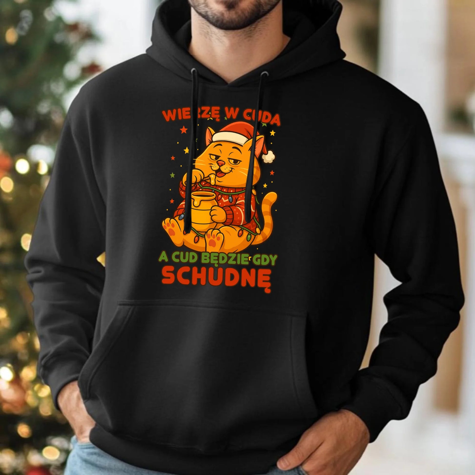 Bluza męska z kapturem świąteczna - Wierzę w cuda, a cud będzie gdy schudnę BN88 - StoryCups.pl