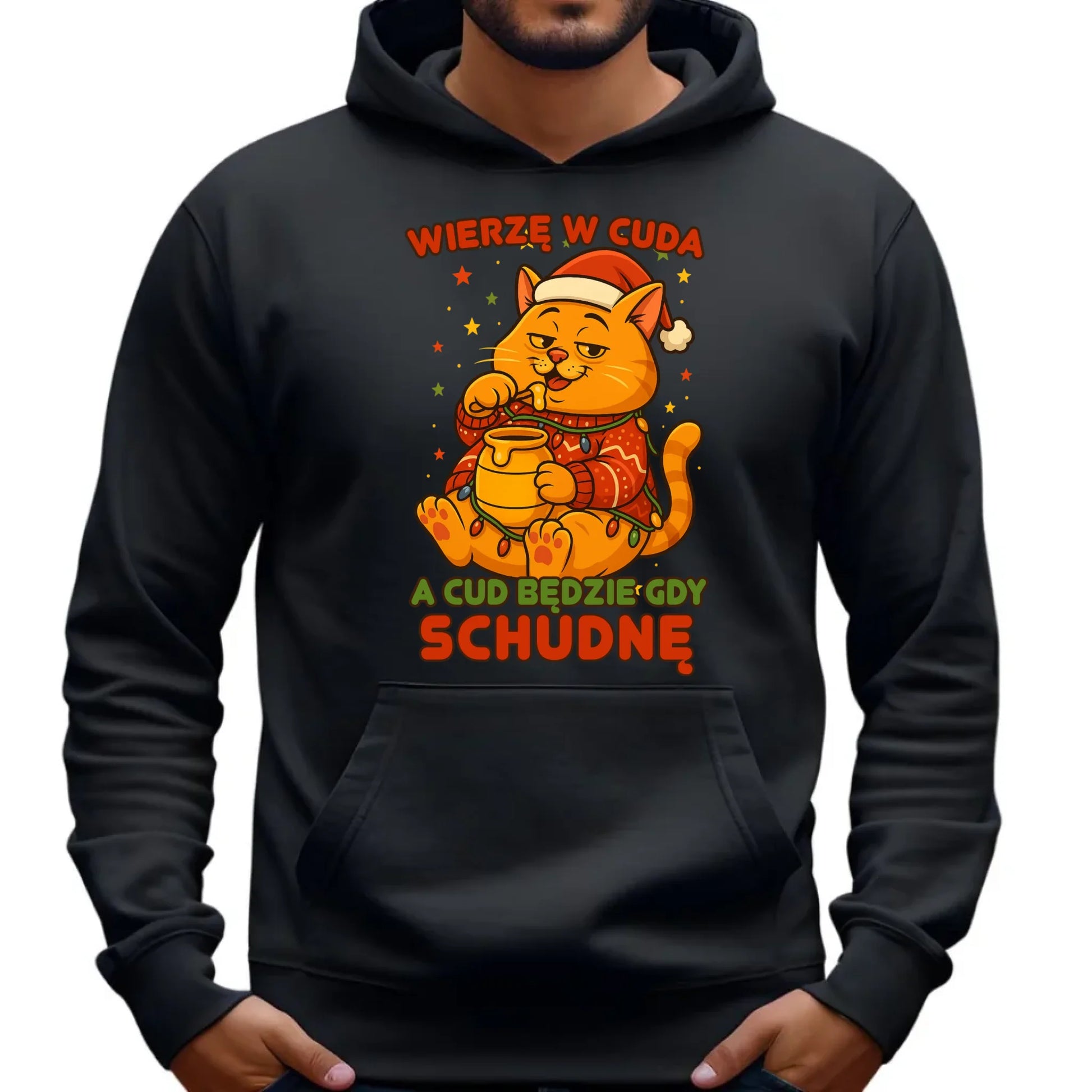 Bluza męska z kapturem świąteczna - Wierzę w cuda, a cud będzie gdy schudnę BN88 - StoryCups.pl