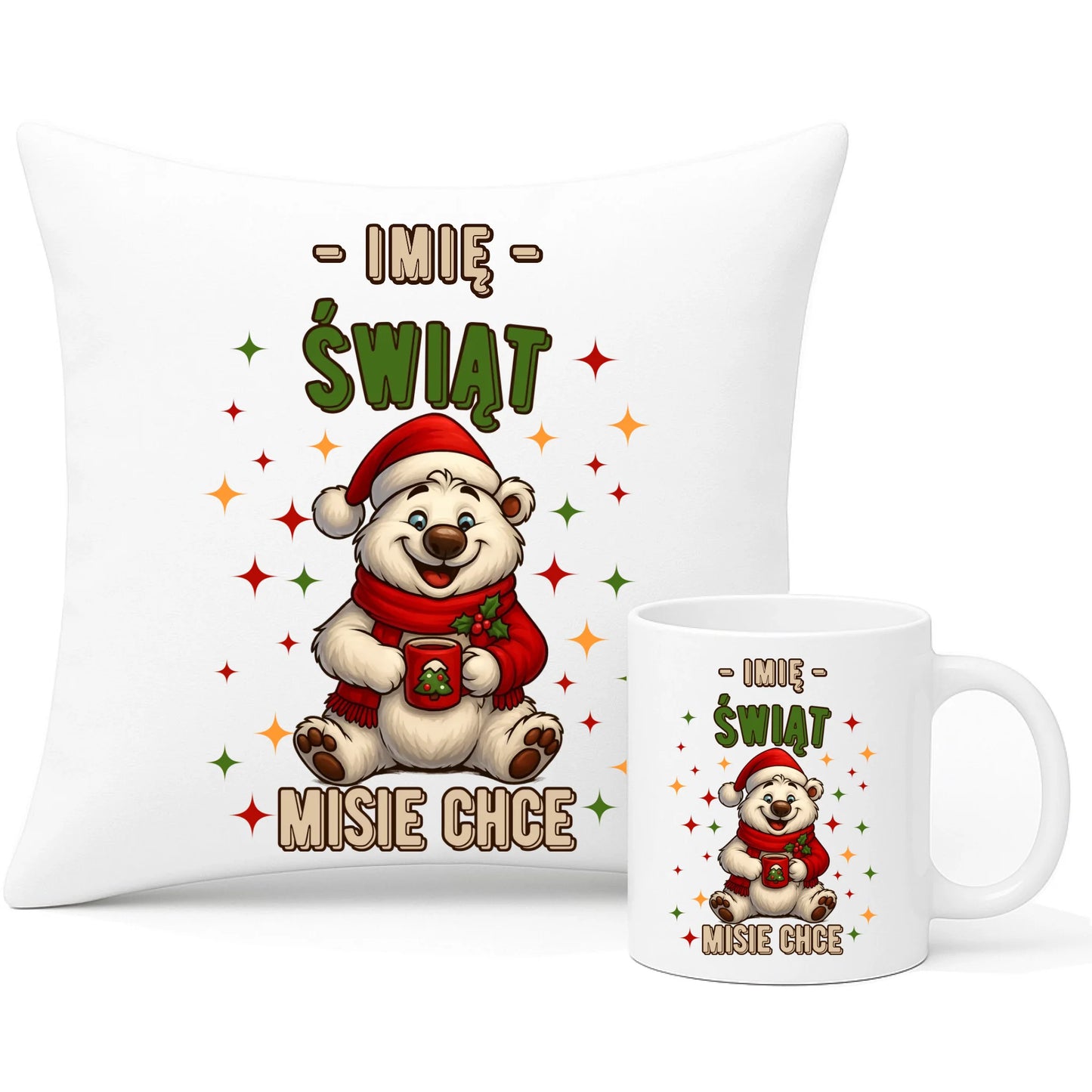 Zestaw poduszka i kubek świąteczny - Misiek Świąt misie chce - personalizowany BN86