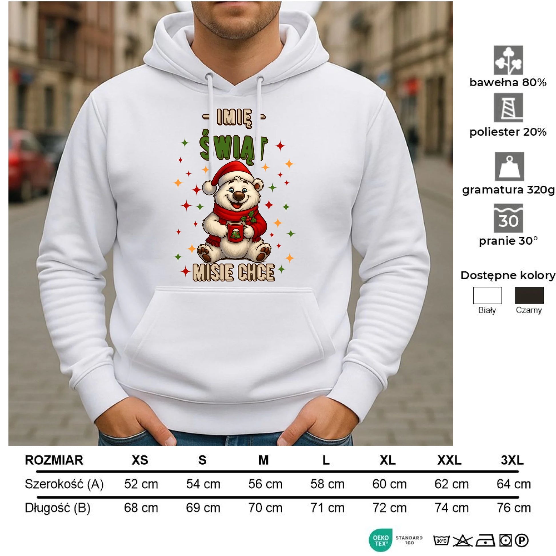 Bluza męska z kapturem świąteczna - Misiek Świąt misie chce - personalizowana BN86 - StoryCups.pl