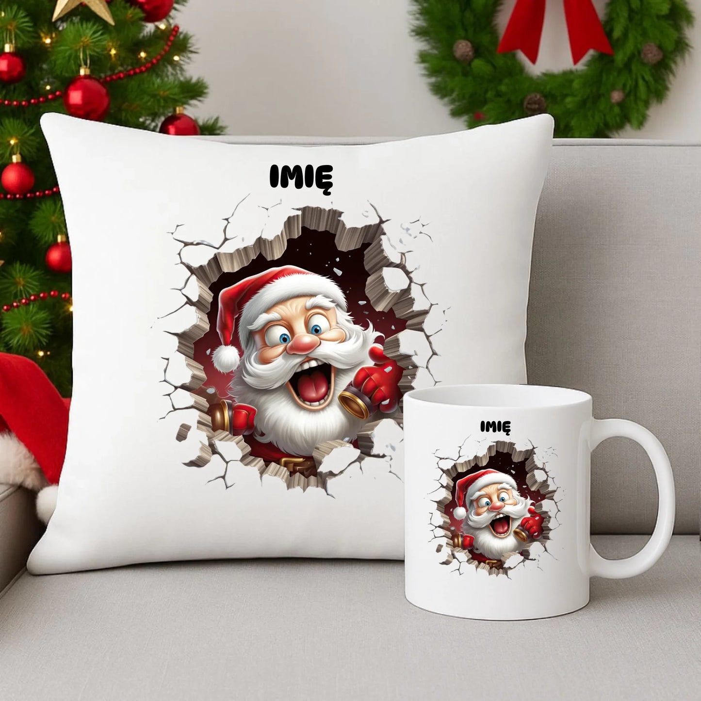 Zestaw poduszka i kubek świąteczny - Mikołaj 3D - personalizowany BN85 - StoryCups.pl