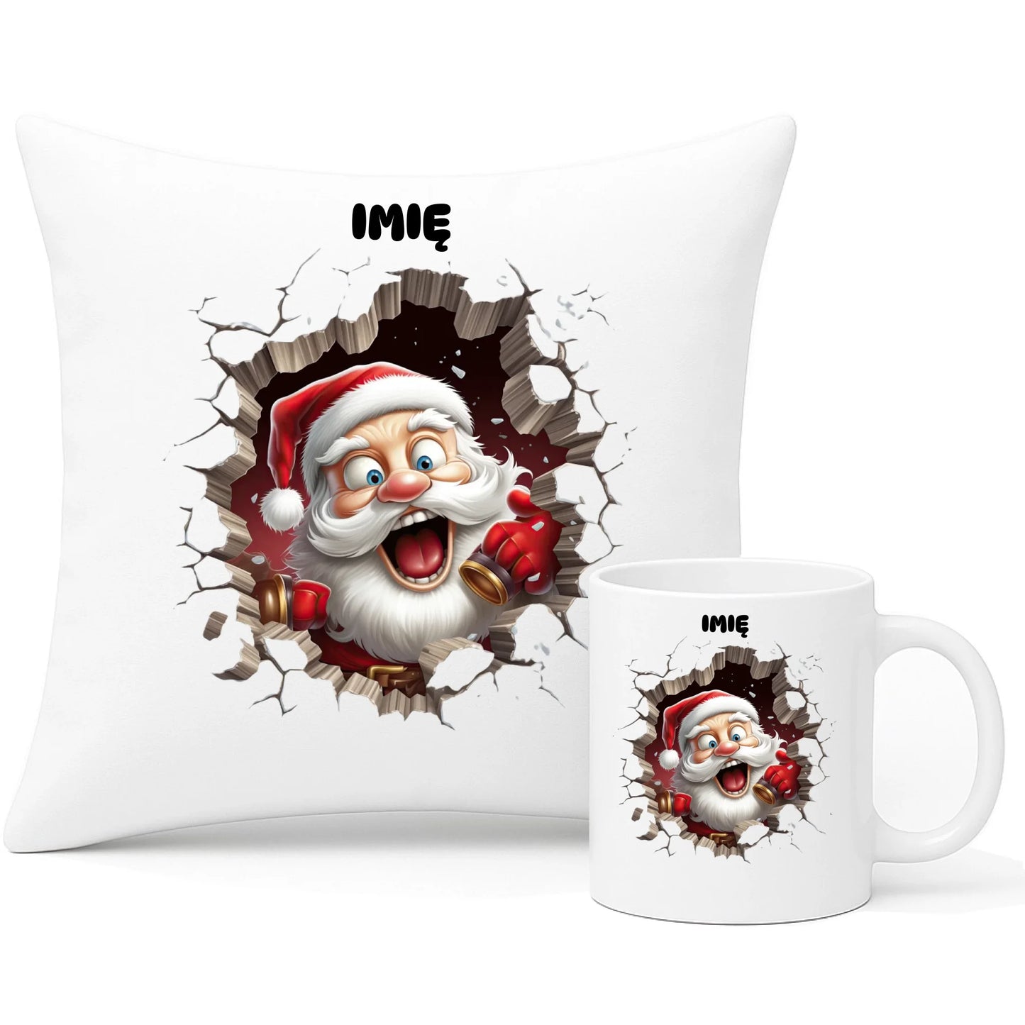 Zestaw poduszka i kubek świąteczny - Mikołaj 3D - personalizowany BN85 - StoryCups.pl