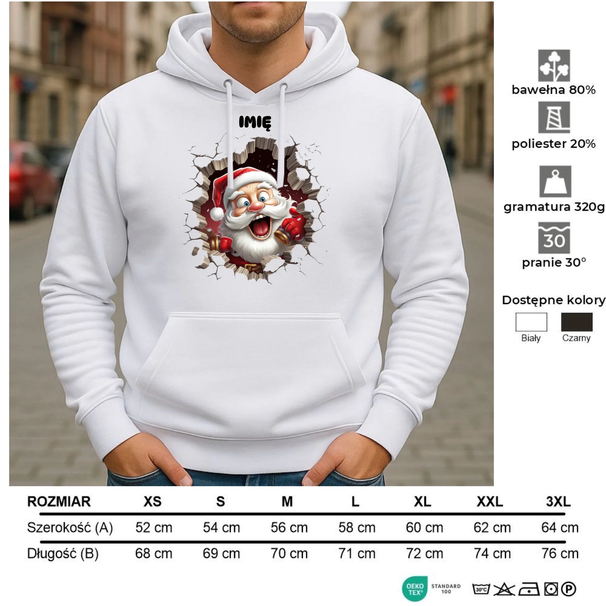Bluza męska z kapturem świąteczna - Mikołaj 3D - personalizowana BN85 - StoryCups.pl