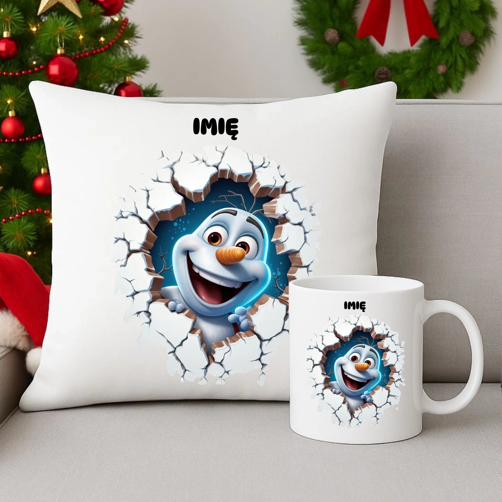 Zestaw poduszka i kubek świąteczny - Bałwan 3D - personalizowany BN84 - StoryCups.pl