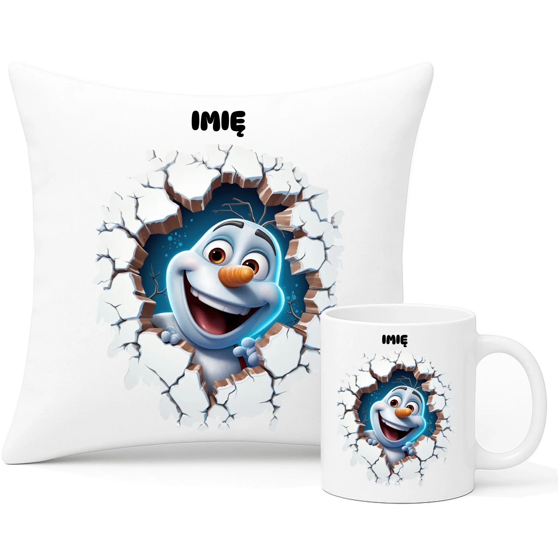 Zestaw poduszka i kubek świąteczny - Bałwan 3D - personalizowany BN84 - StoryCups.pl