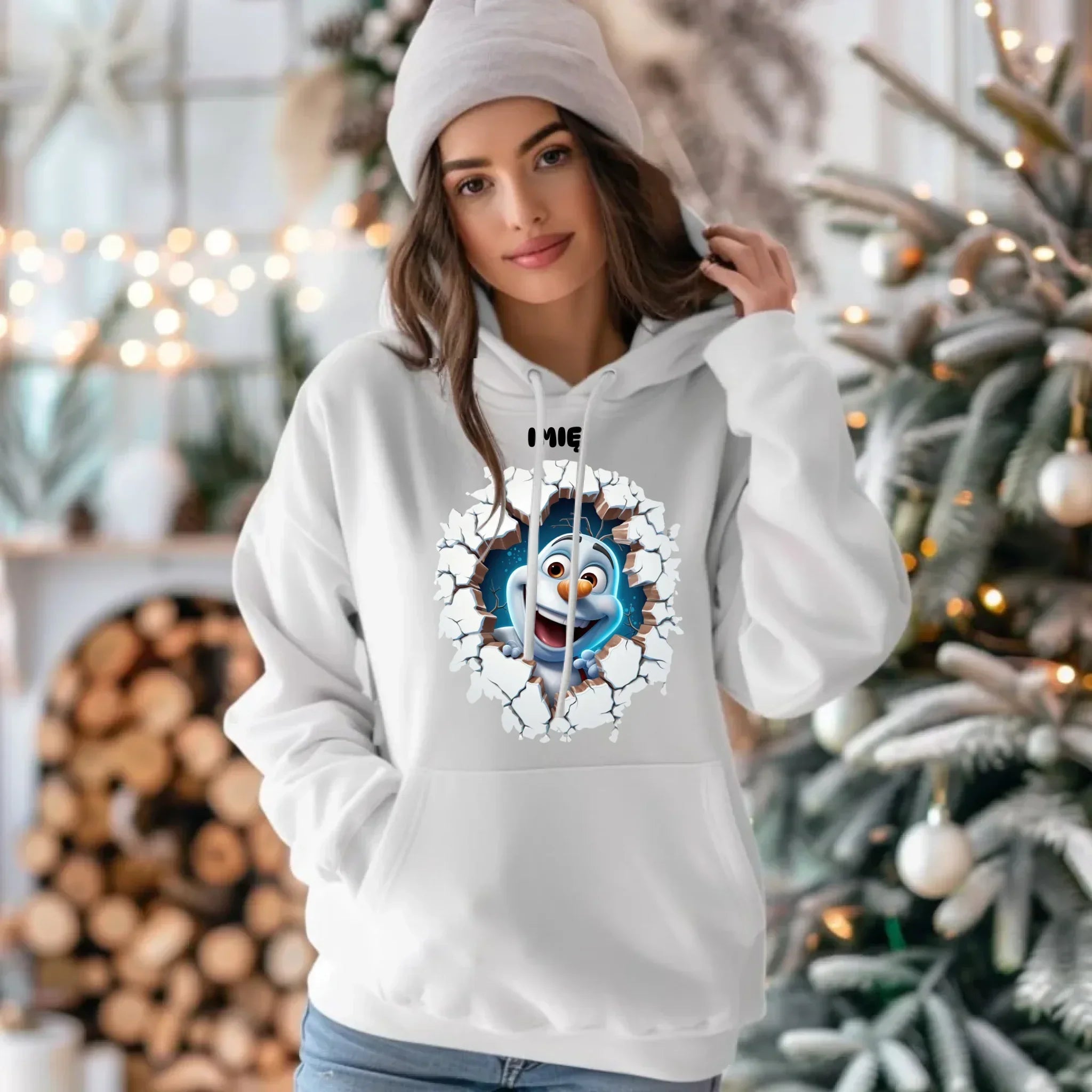 Bluza damska z kapturem świąteczna - Bałwan 3D - personalizowana BN84 - StoryCups.pl