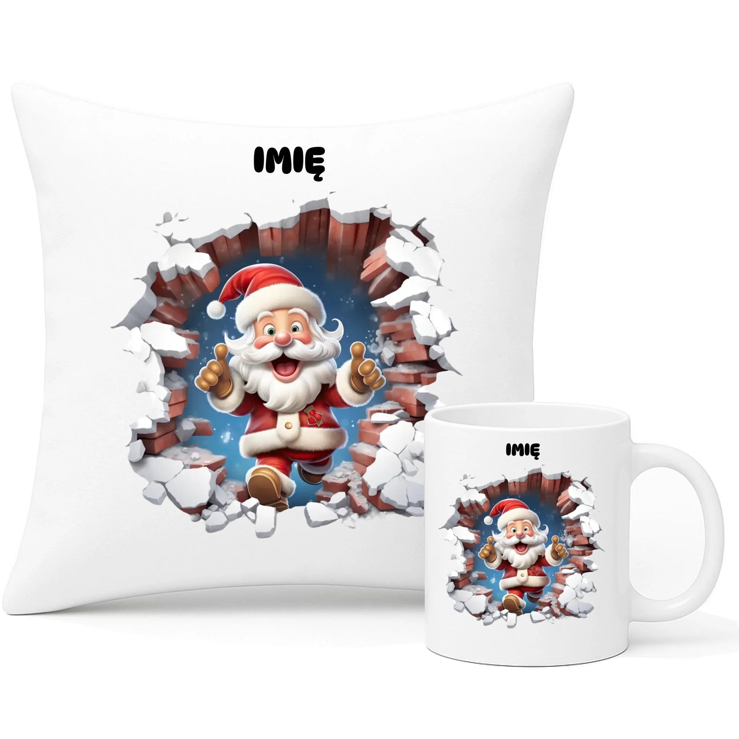 Zestaw poduszka i kubek świąteczny - Mikołaj 3D - personalizowany BN83 - StoryCups.pl