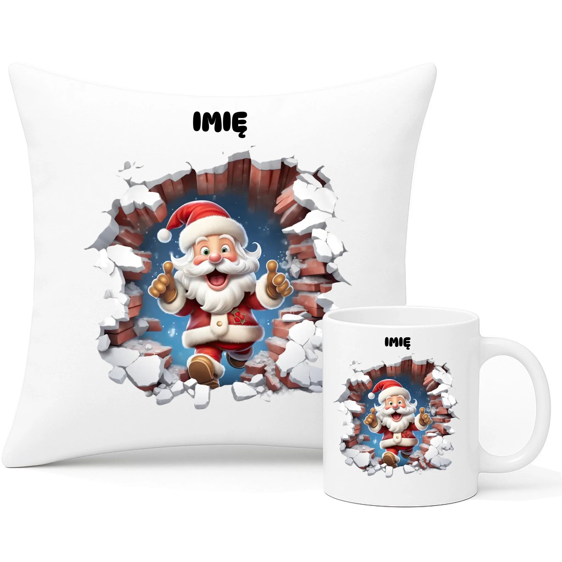 Zestaw poduszka i kubek świąteczny - Mikołaj 3D - personalizowany BN83 - StoryCups.pl