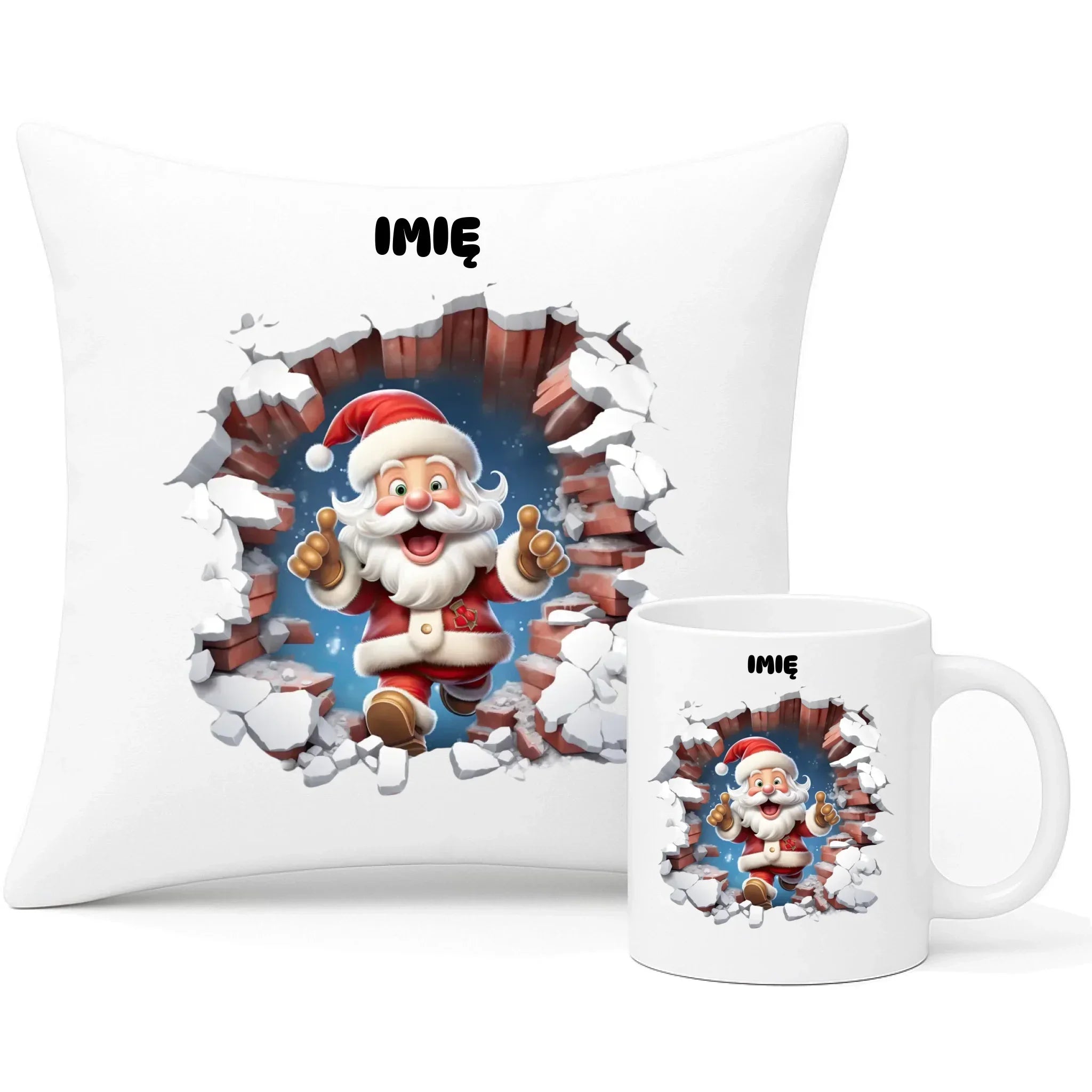 Zestaw poduszka i kubek świąteczny - Mikołaj 3D - personalizowany BN83 - StoryCups.pl
