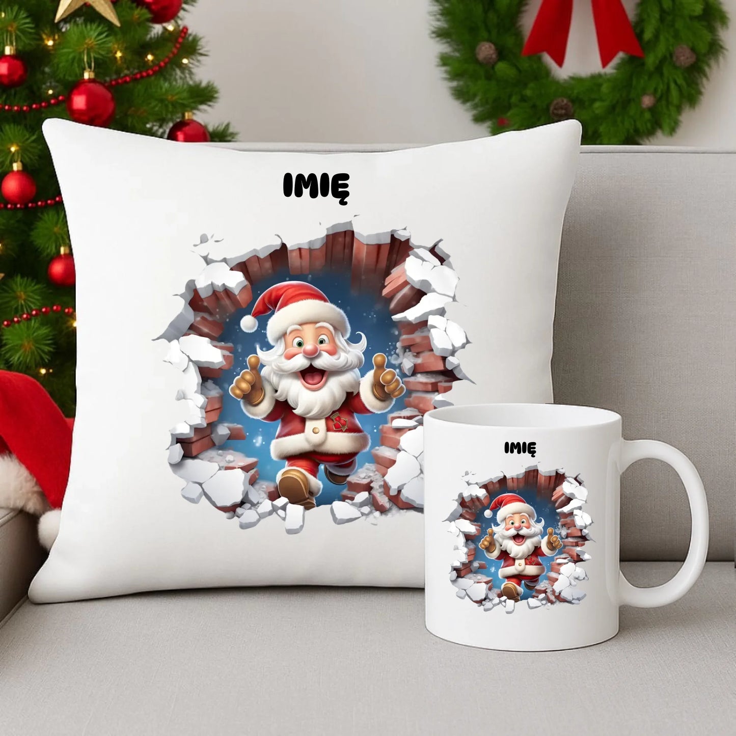 Zestaw poduszka i kubek świąteczny - Mikołaj 3D - personalizowany BN83 - StoryCups.pl