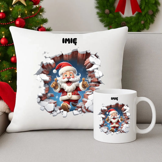 Zestaw poduszka i kubek świąteczny - Mikołaj 3D - personalizowany BN83 - StoryCups.pl