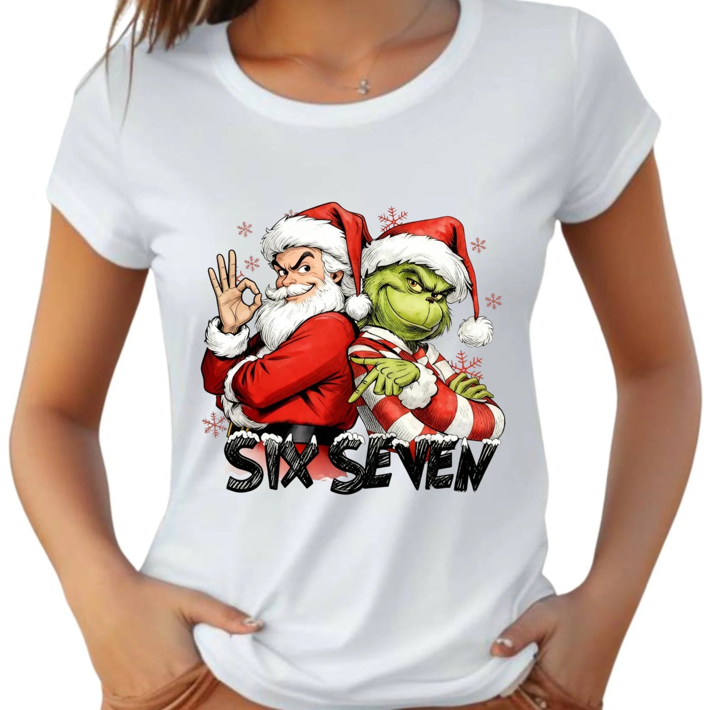 Koszulka damska świąteczna - Mikołaj i Grinch six seven 67 BN148 - StoryCups.pl