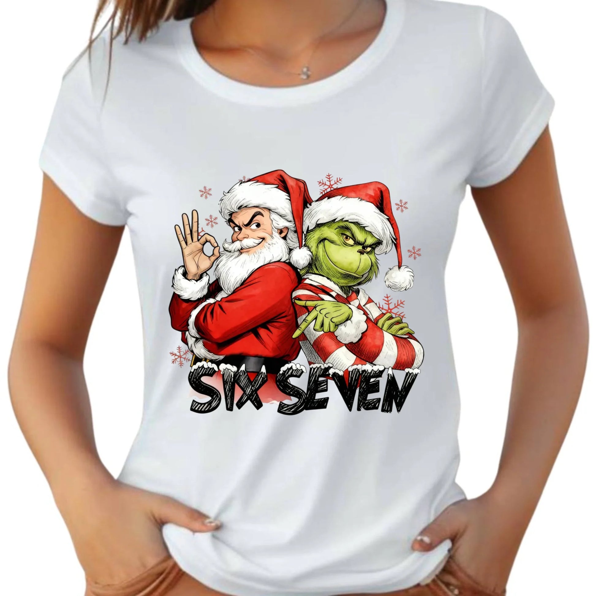 Koszulka damska świąteczna - Mikołaj i Grinch six seven 67 BN148 - StoryCups.pl