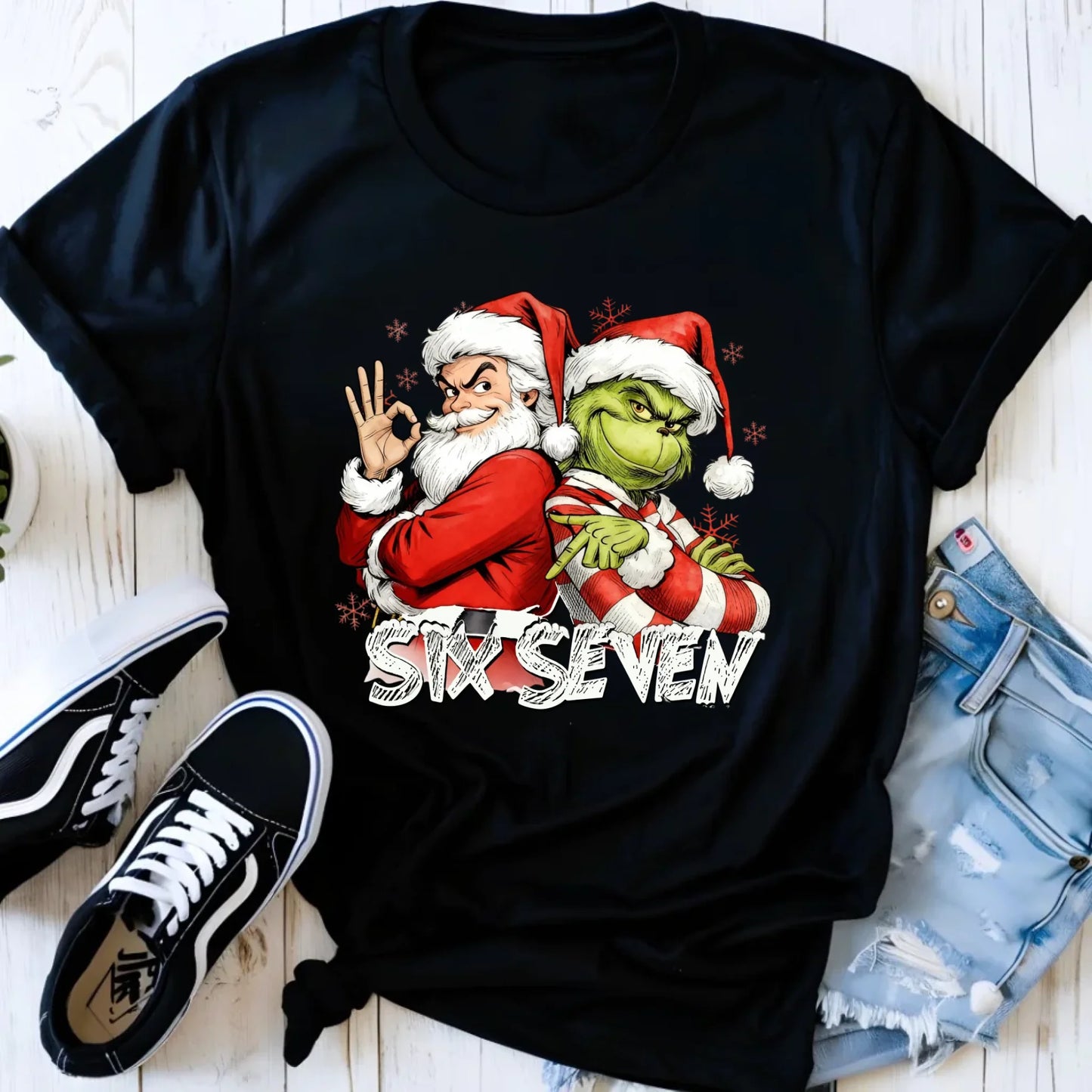 Koszulka damska świąteczna - Mikołaj i Grinch six seven 67 BN148 - StoryCups.pl