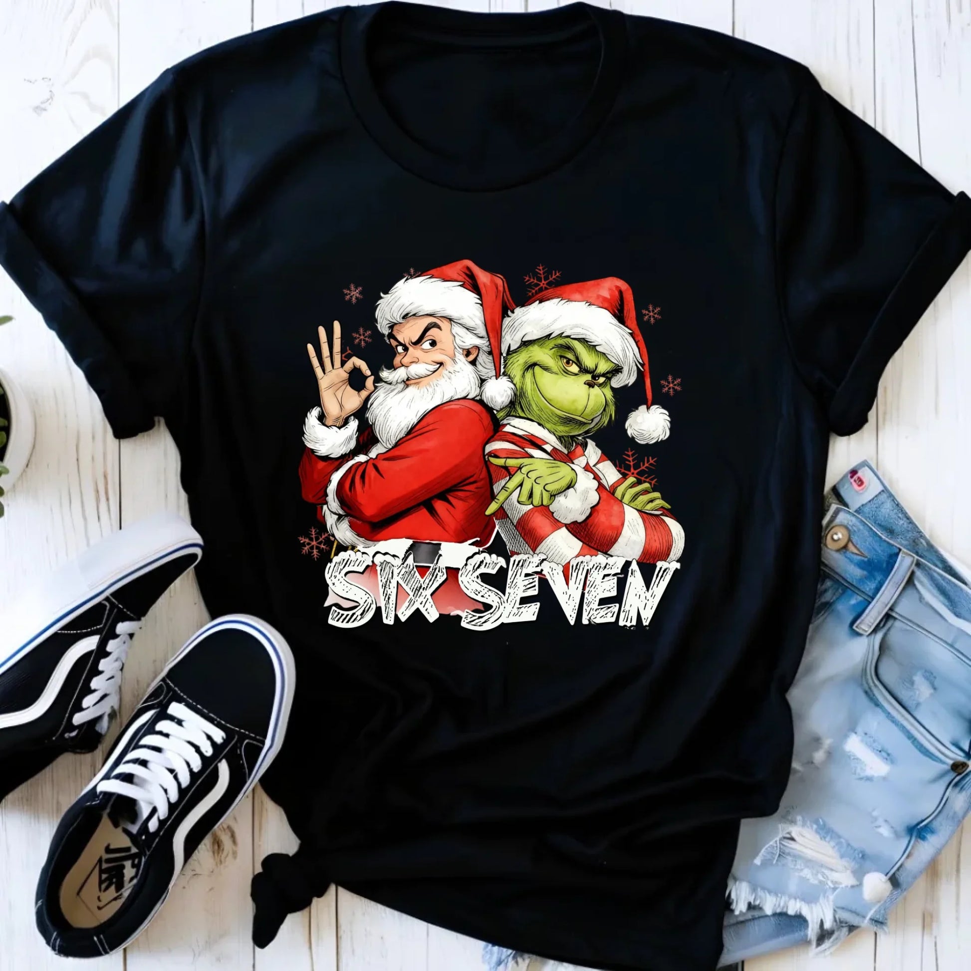 Koszulka damska świąteczna - Mikołaj i Grinch six seven 67 BN148 - StoryCups.pl