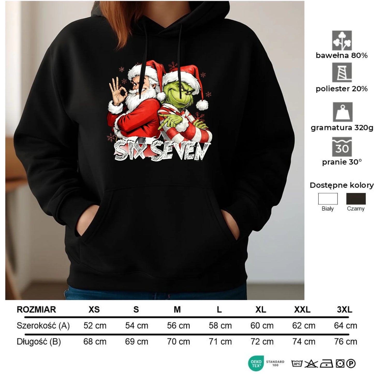 Bluza damska z kapturem świąteczna - Mikołaj i Grinch six seven 67 BN148 - StoryCups.pl
