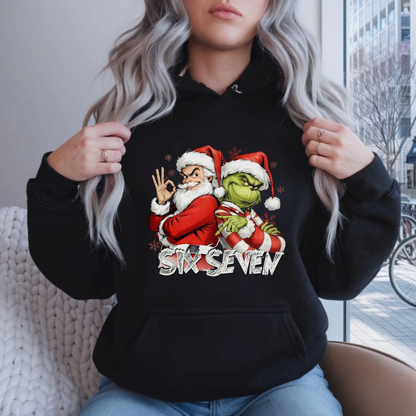 Bluza damska z kapturem świąteczna - Mikołaj i Grinch six seven 67 BN148 - StoryCups.pl
