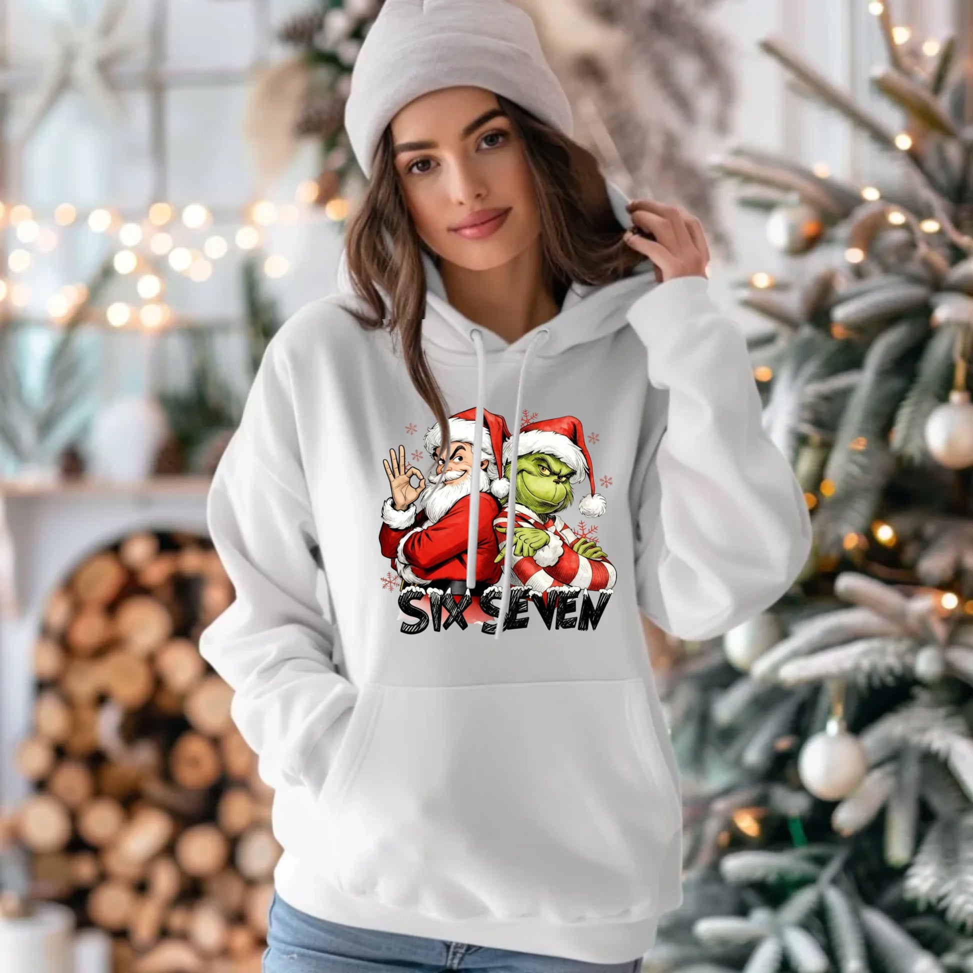 Bluza damska z kapturem świąteczna - Mikołaj i Grinch six seven 67 BN148 - StoryCups.pl