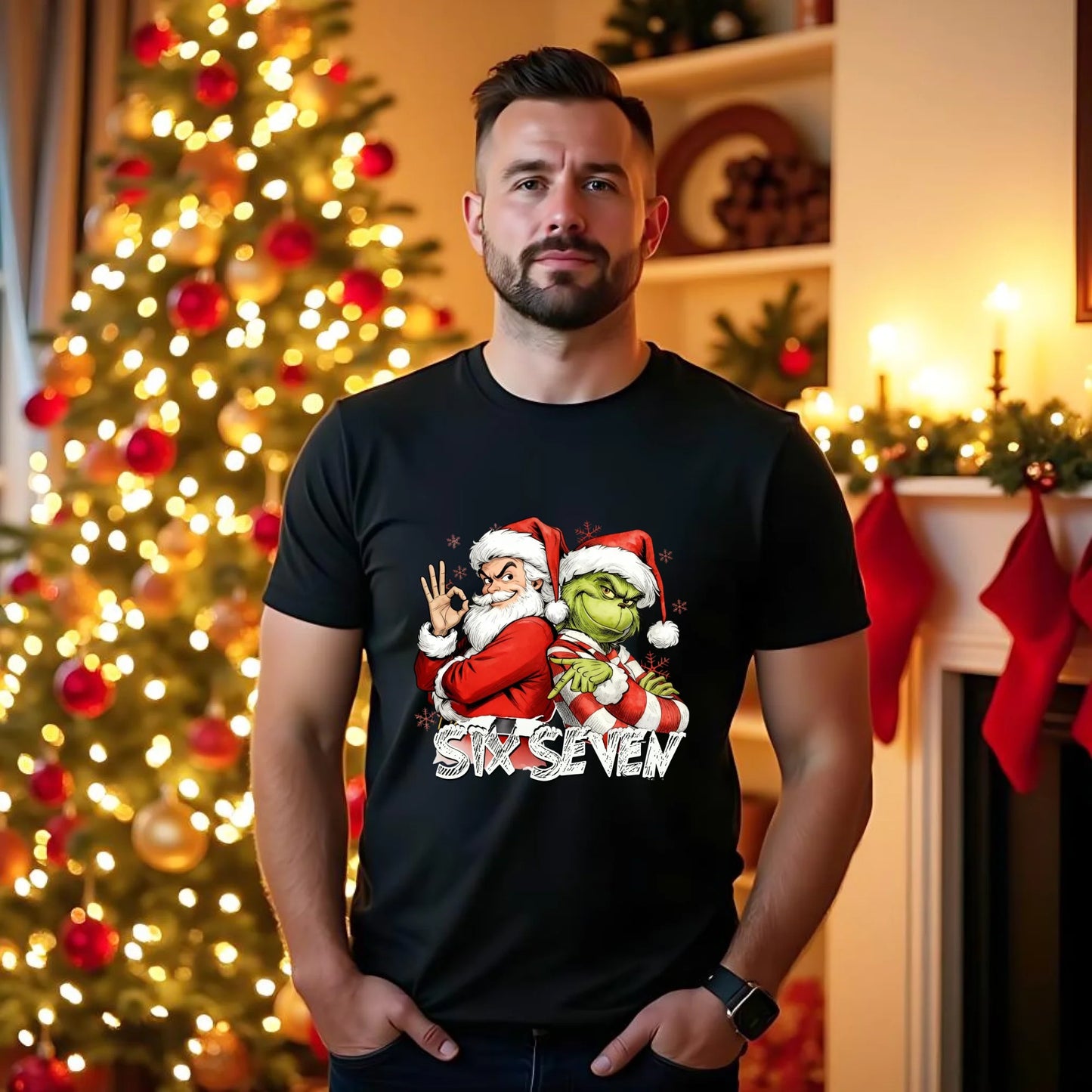 Koszulka męska świąteczna - Mikołaj i Grinch six seven 67 BN148 - StoryCups.pl