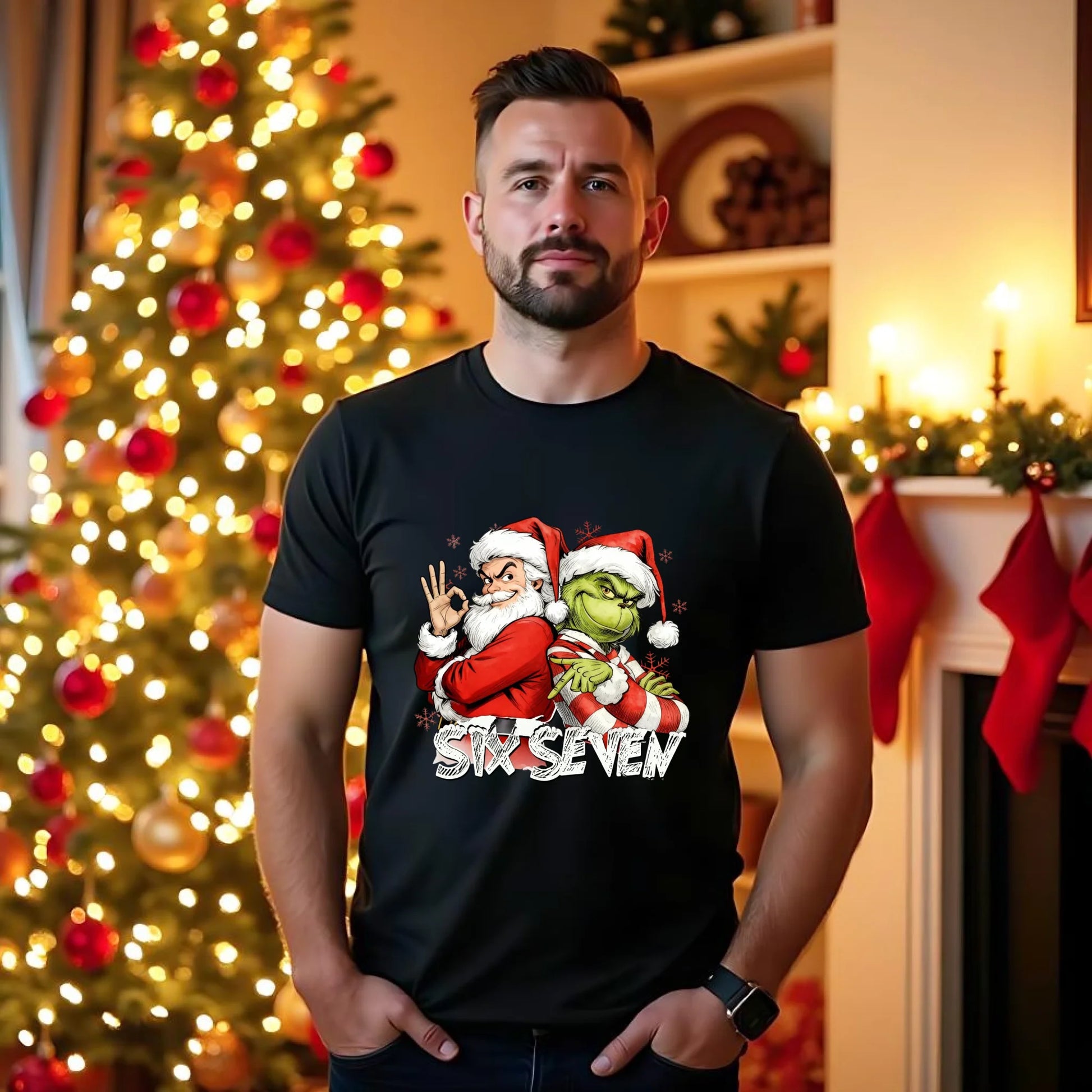 Koszulka męska świąteczna - Mikołaj i Grinch six seven 67 BN148 - StoryCups.pl