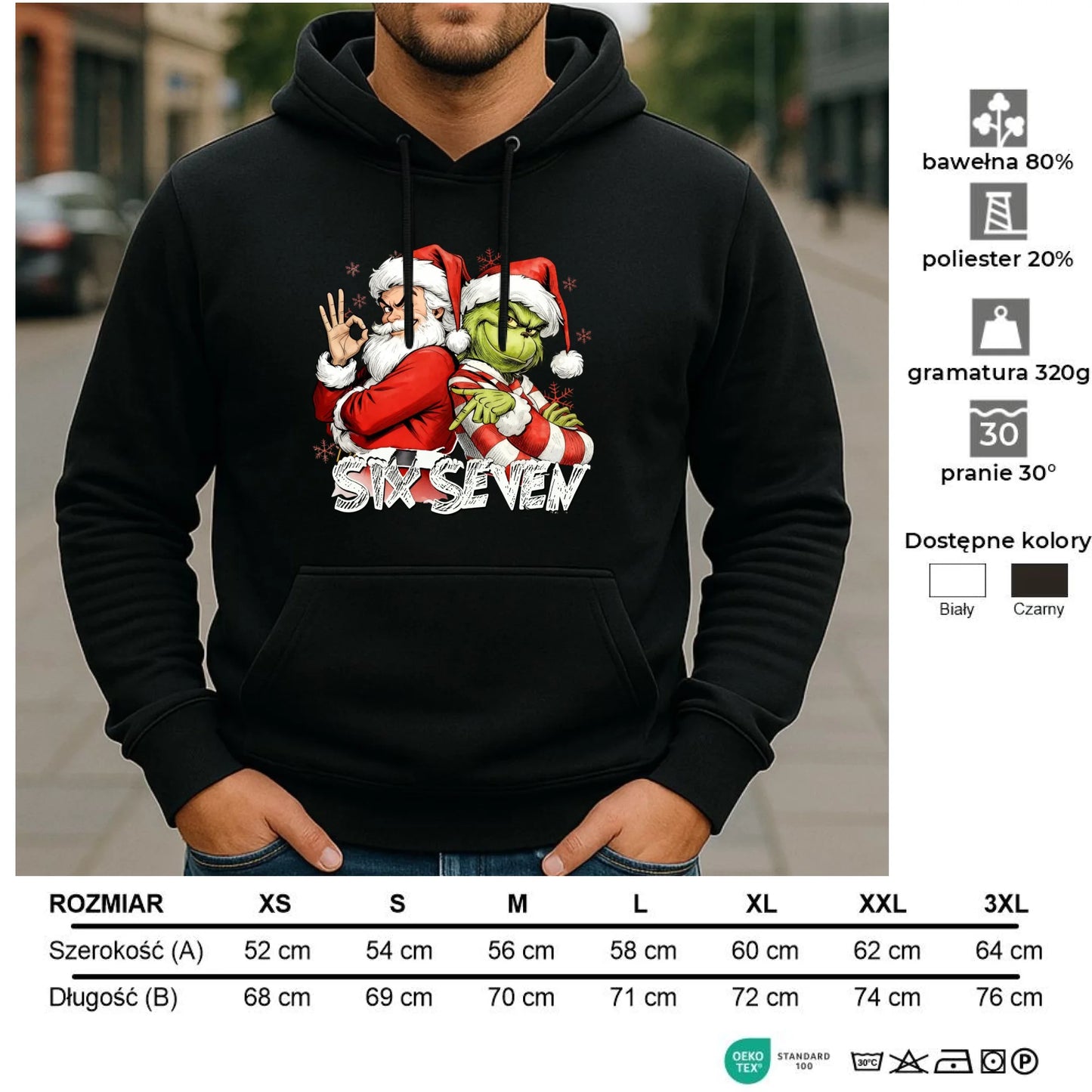 Bluza męska z kapturem świąteczna - Mikołaj i Grinch six seven 67 BN148 - StoryCups.pl