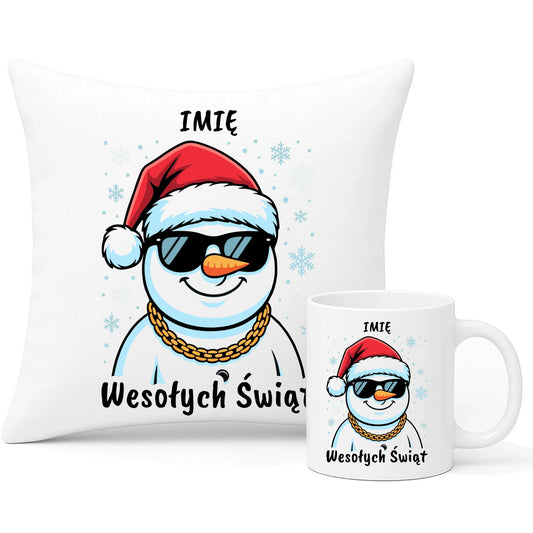 Zestaw poduszka i kubek świąteczny - Wesoły bałwan Wesołych Świąt - personalizowany BN82 - StoryCups.pl