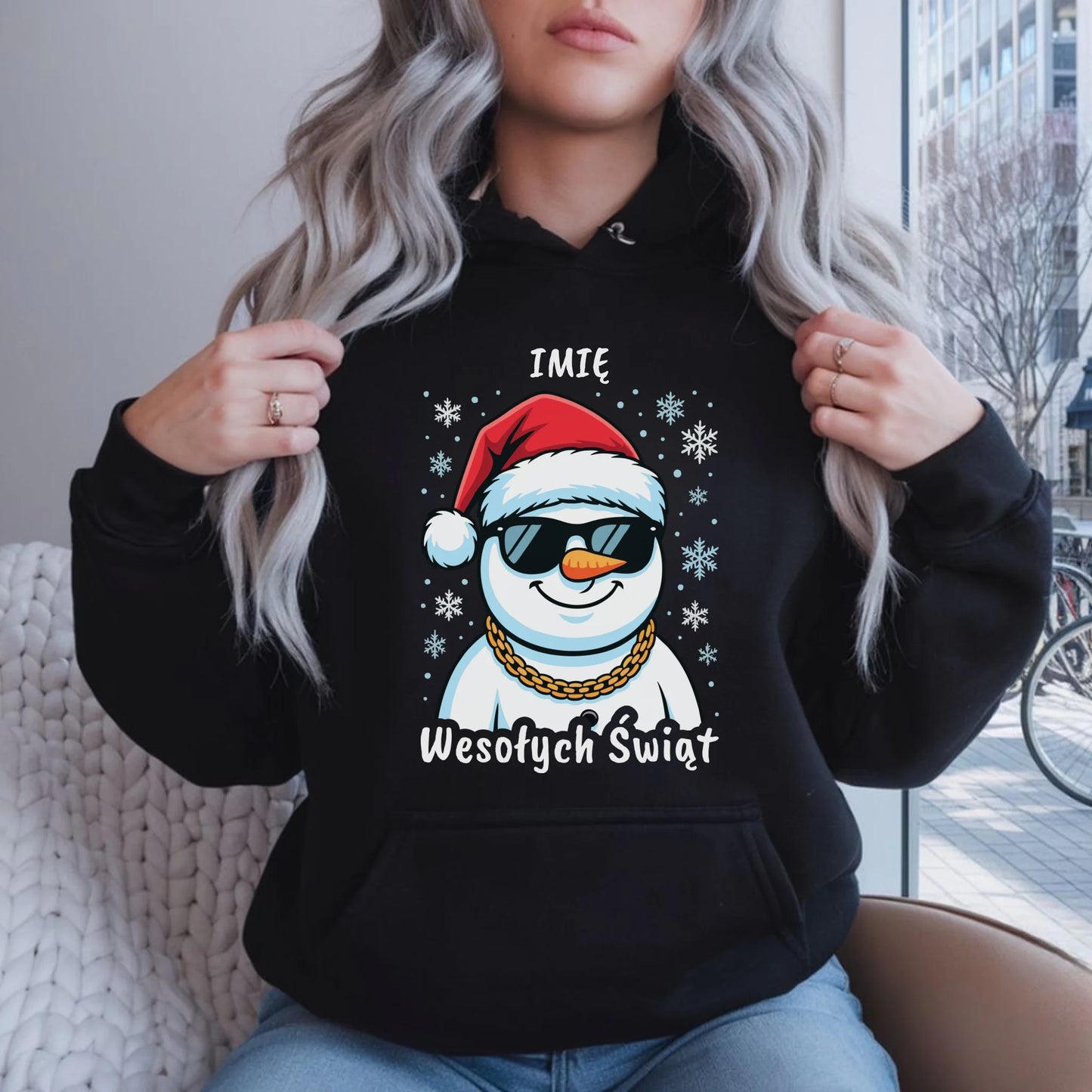 Bluza damska z kapturem świąteczna - Wesoły bałwan Wesołych Świąt - personalizowana BN82 - StoryCups.pl