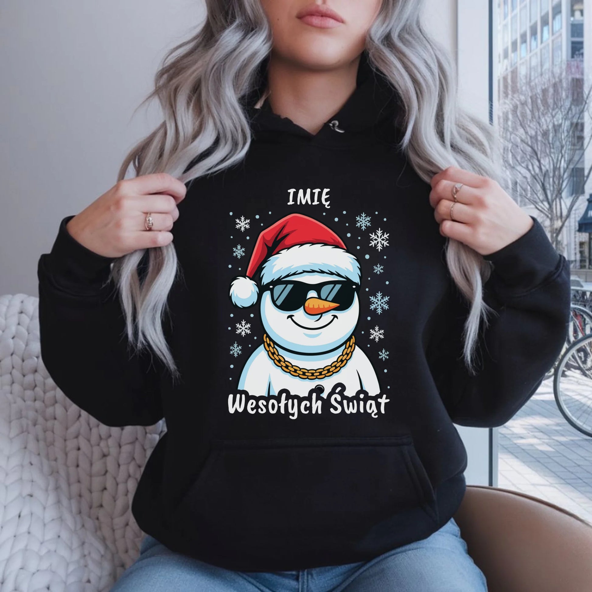 Bluza damska z kapturem świąteczna - Wesoły bałwan Wesołych Świąt - personalizowana BN82 - StoryCups.pl