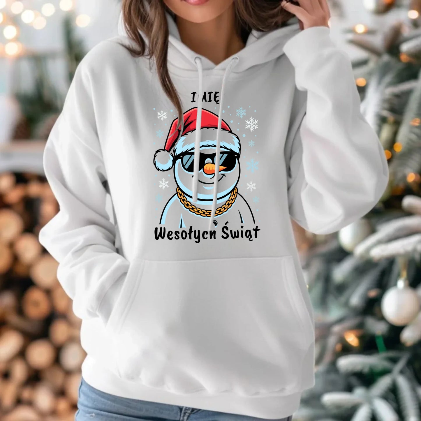 Bluza damska z kapturem świąteczna - Wesoły bałwan Wesołych Świąt - personalizowana BN82 - StoryCups.pl