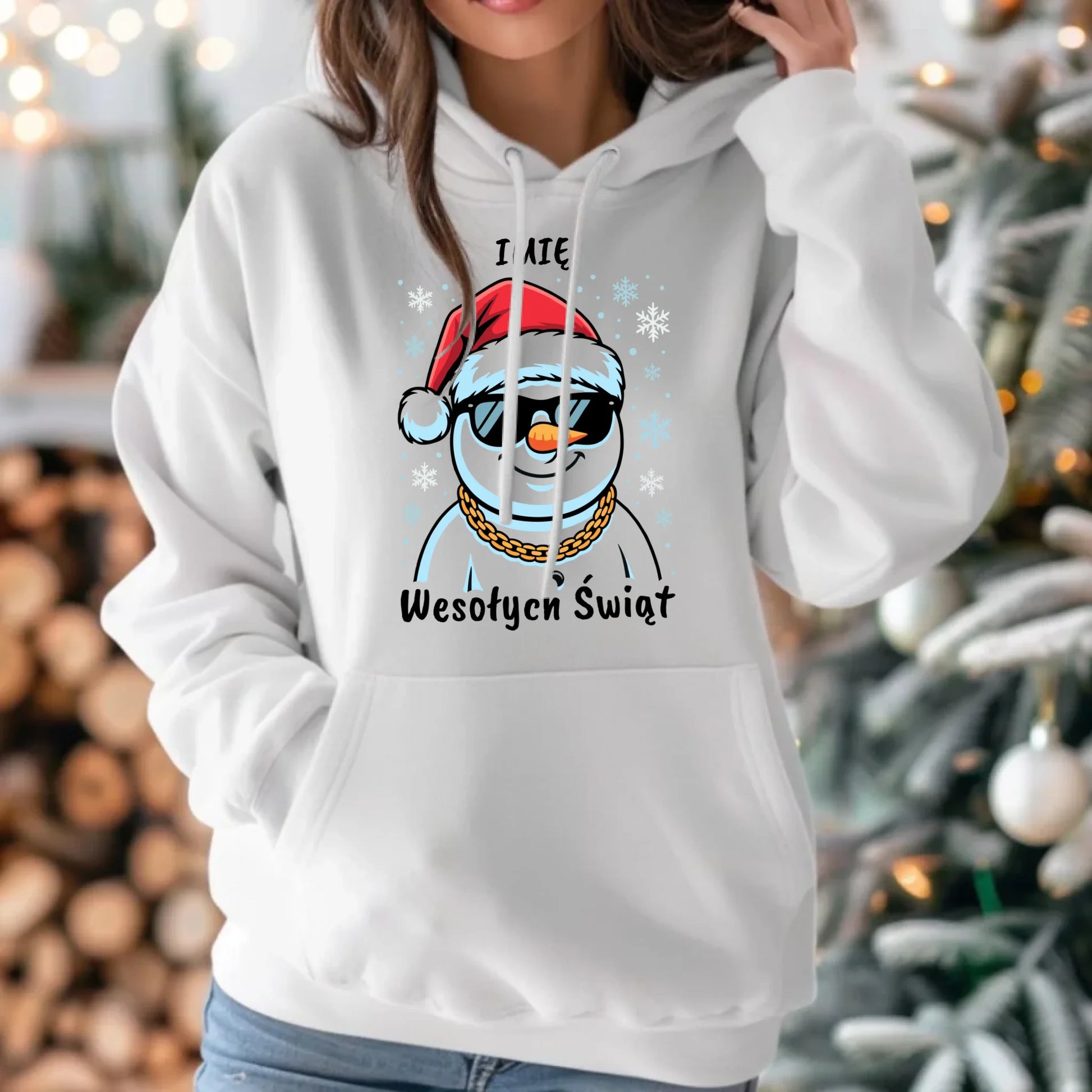 Bluza damska z kapturem świąteczna - Wesoły bałwan Wesołych Świąt - personalizowana BN82 - StoryCups.pl