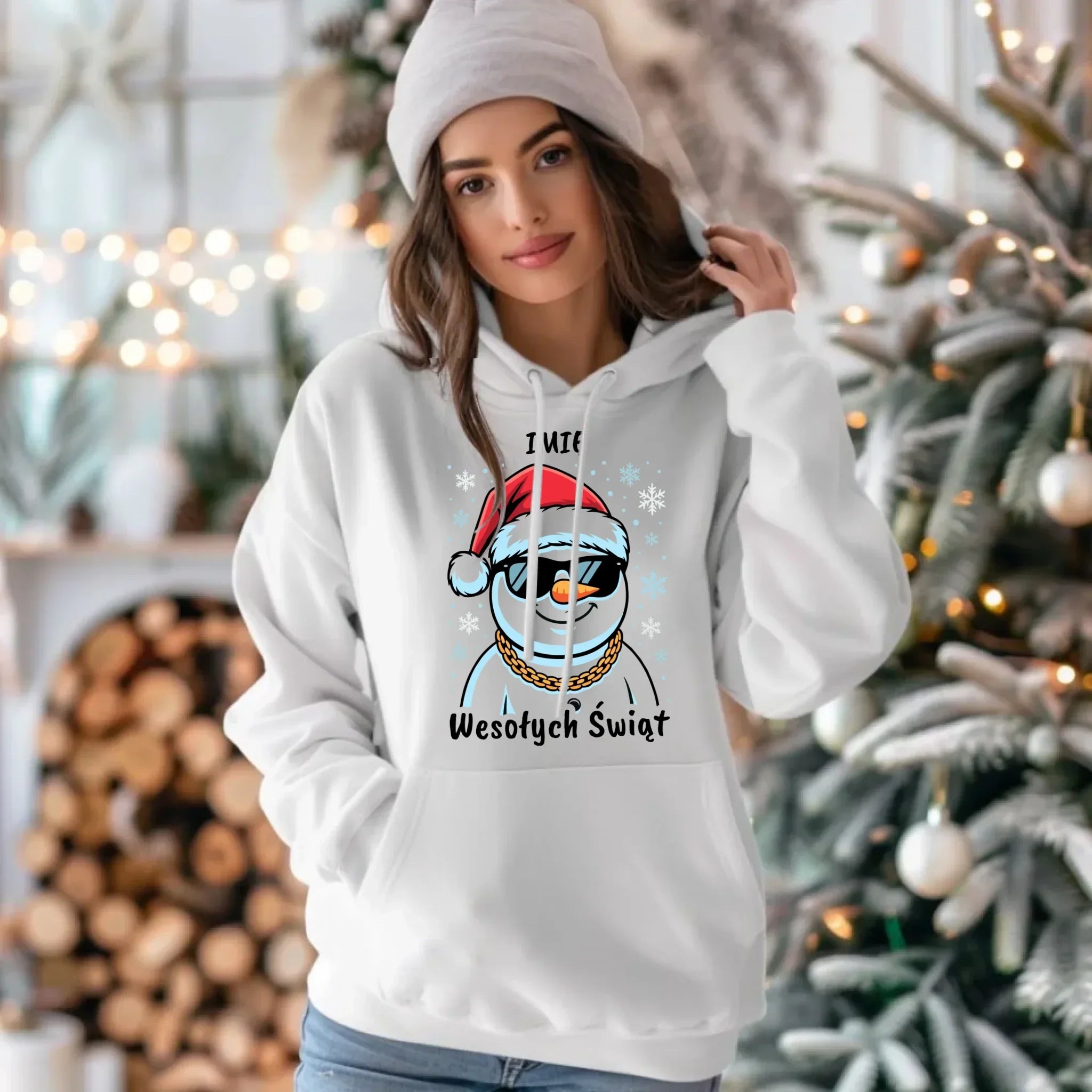 Bluza damska z kapturem świąteczna - Wesoły bałwan Wesołych Świąt - personalizowana BN82 - StoryCups.pl