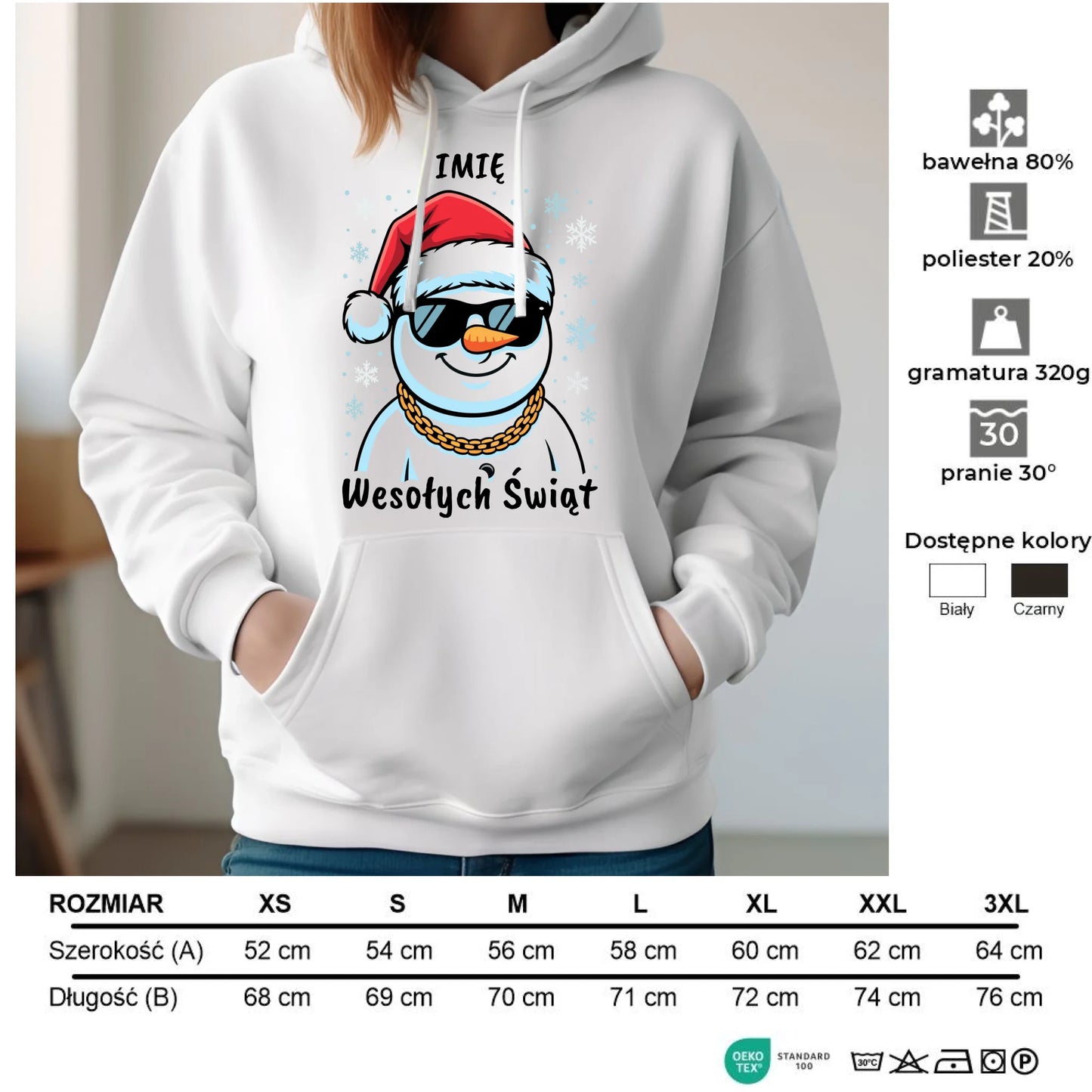 Bluza damska z kapturem świąteczna - Wesoły bałwan Wesołych Świąt - personalizowana BN82 - StoryCups.pl