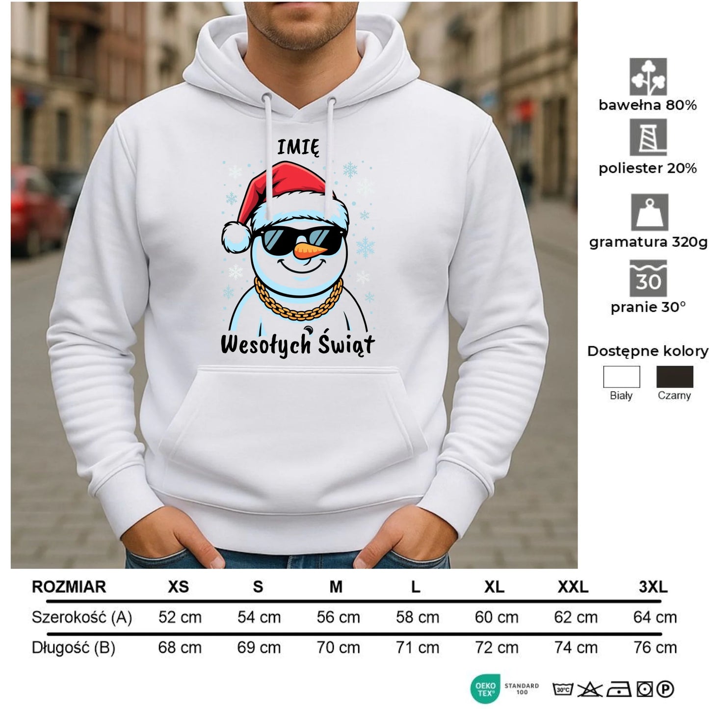 Bluza damska z kapturem świąteczna - Wesoły bałwan Wesołych Świąt - personalizowana BN82 - StoryCups.pl