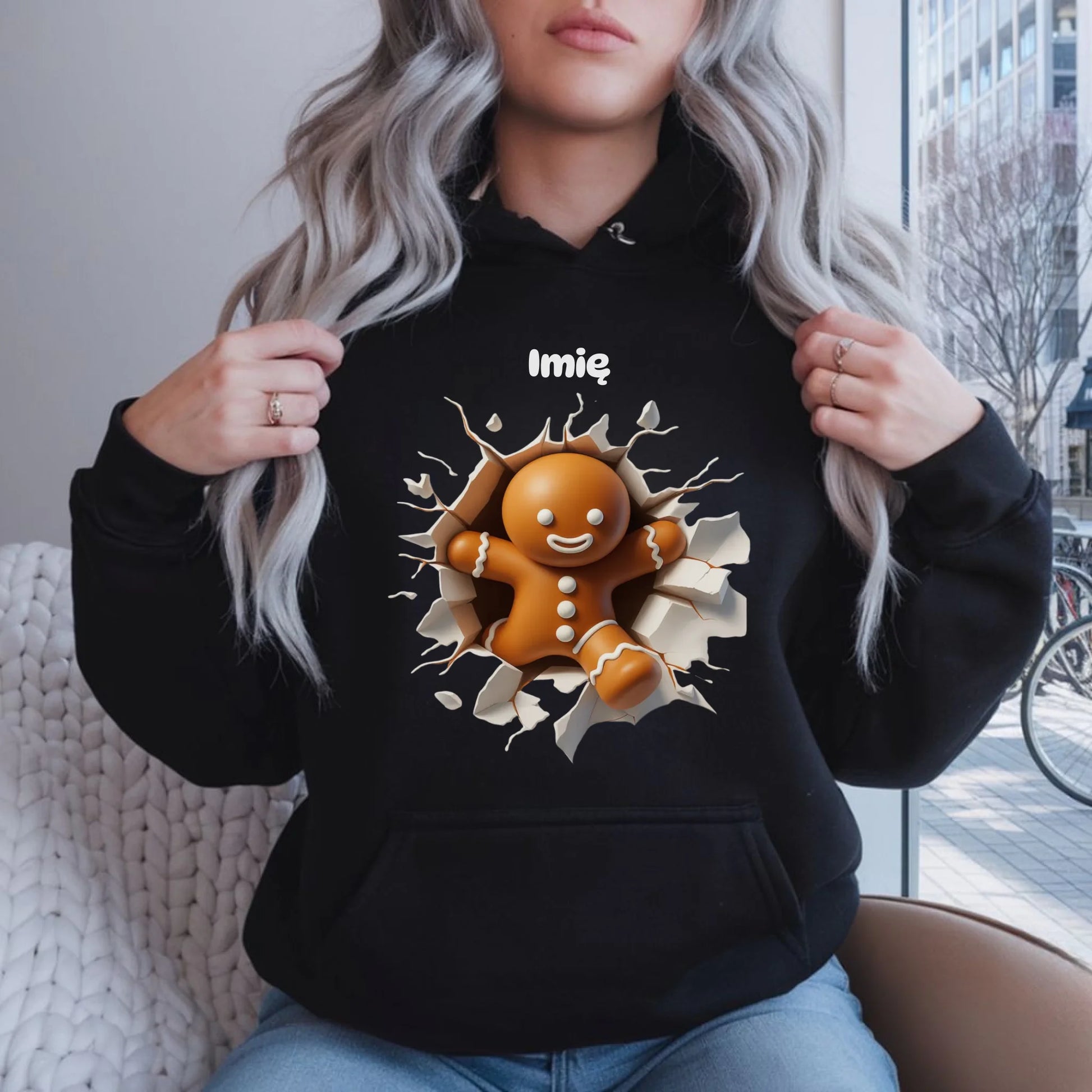 Bluza damska z kapturem świąteczna - Pierniczek 3D - personalizowana BN81 - StoryCups.pl