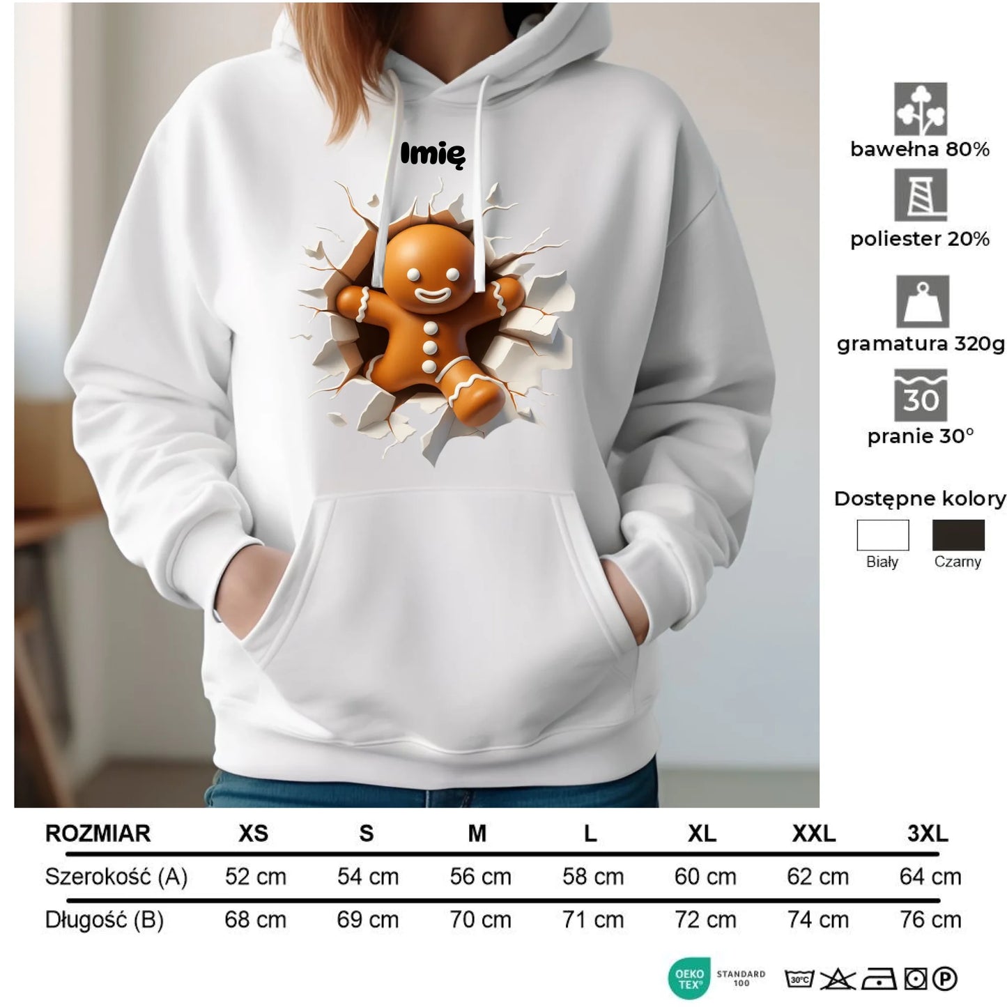 Bluza damska z kapturem świąteczna - Pierniczek 3D - personalizowana BN81 - StoryCups.pl