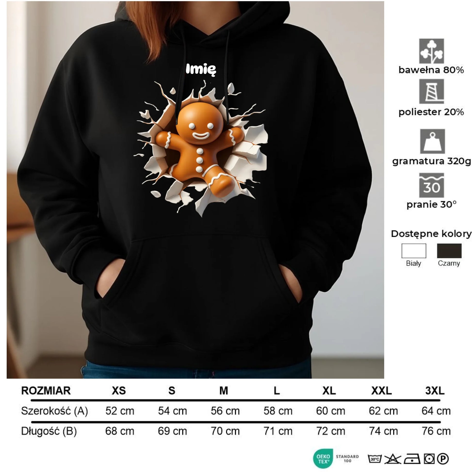 Bluza damska z kapturem świąteczna - Pierniczek 3D - personalizowana BN81 - StoryCups.pl