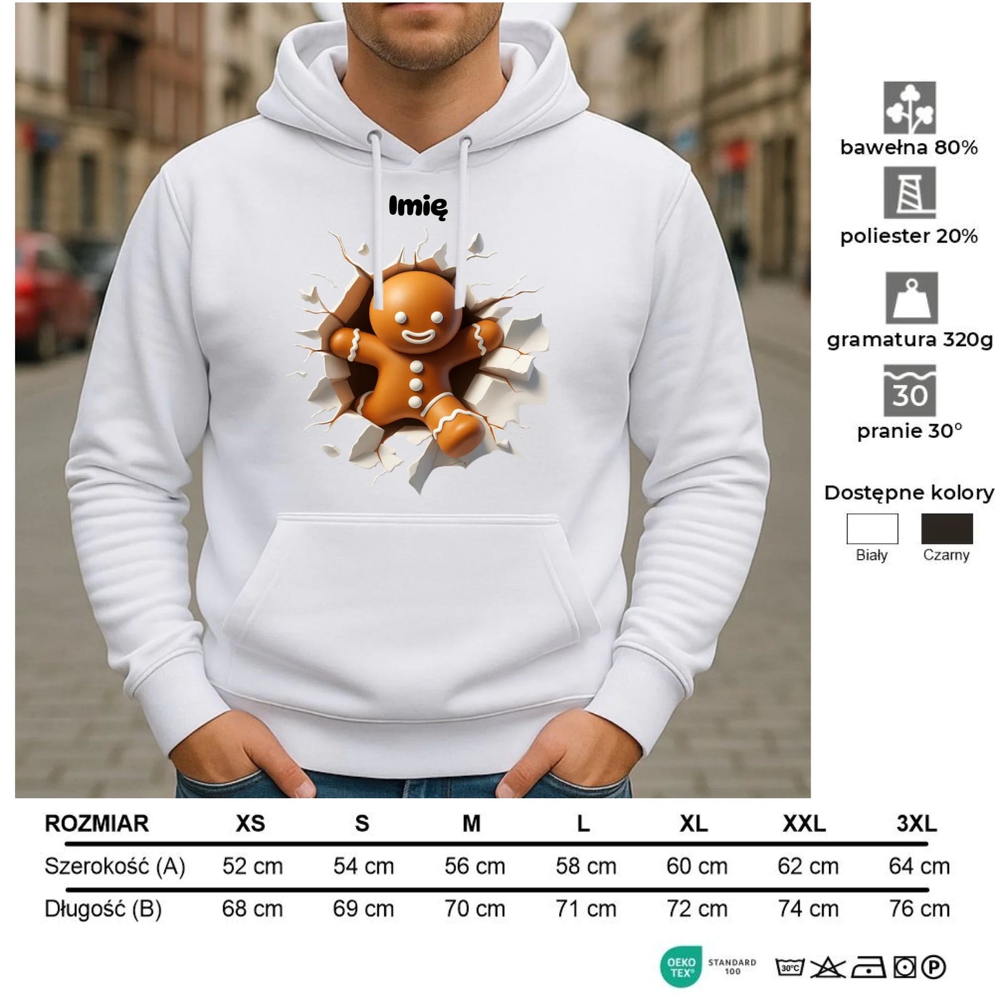 Bluza męska z kapturem świąteczna - Pierniczek 3D - personalizowana BN81 - StoryCups.pl