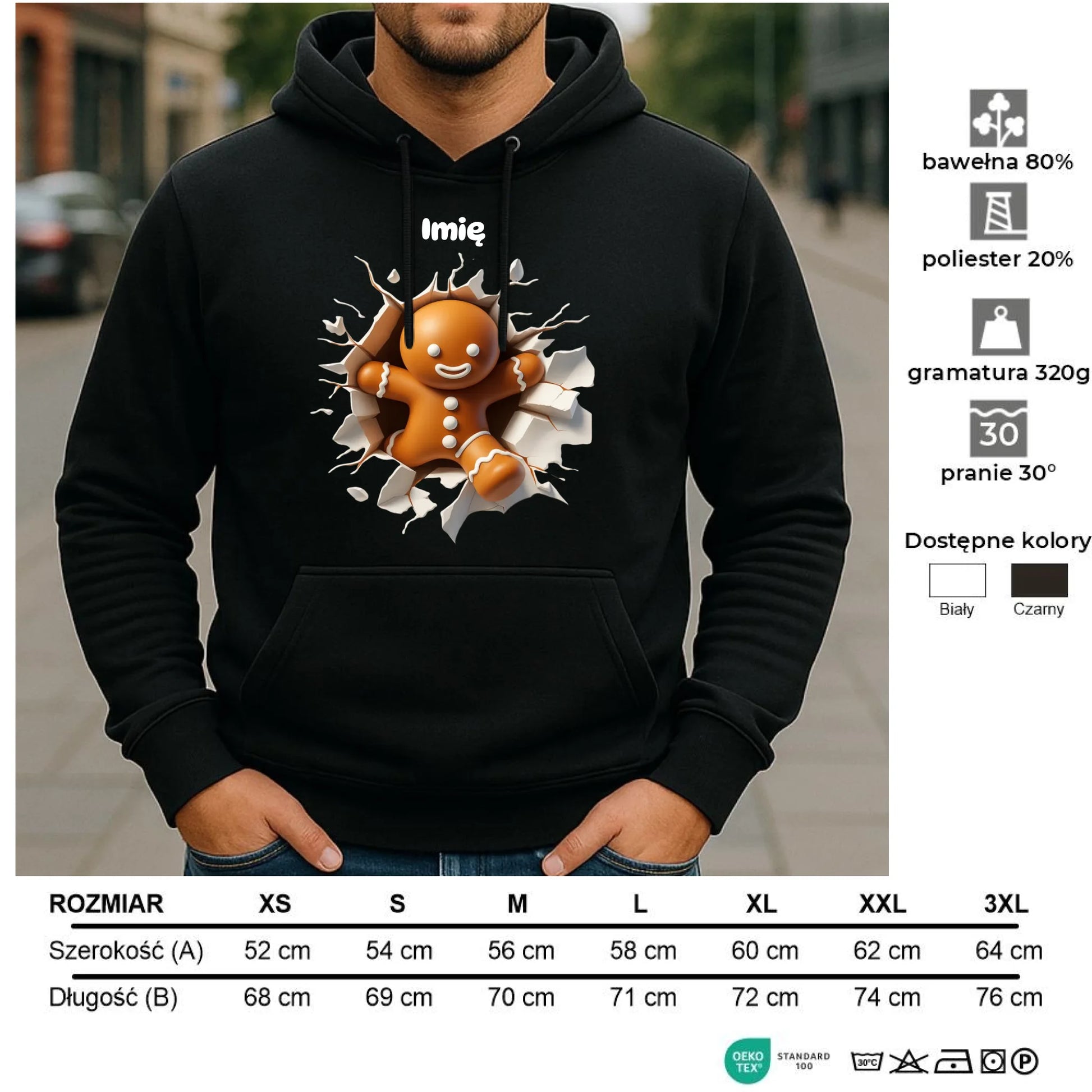 Bluza męska z kapturem świąteczna - Pierniczek 3D - personalizowana BN81 - StoryCups.pl