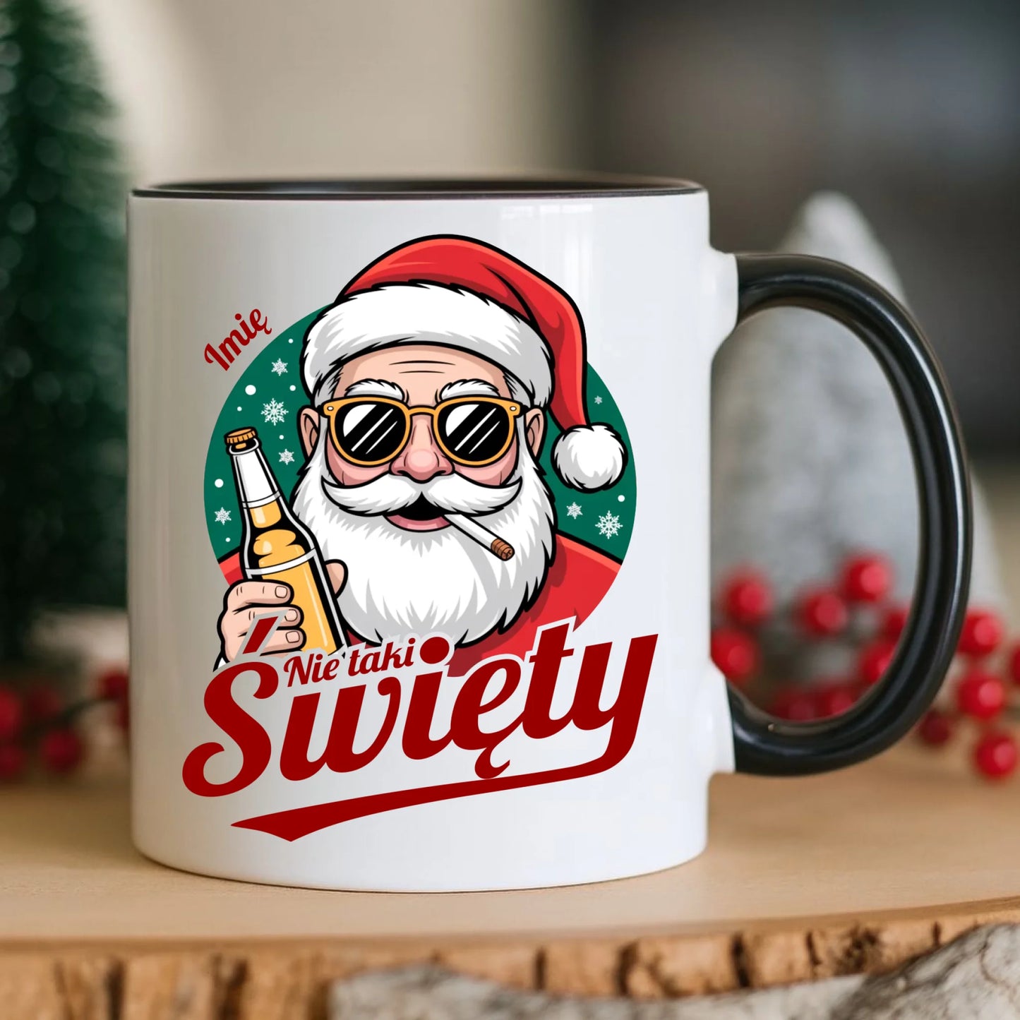 Kubek świąteczny - Mikołaj nie taki święty - personalizowany BN80 - StoryCups.pl
