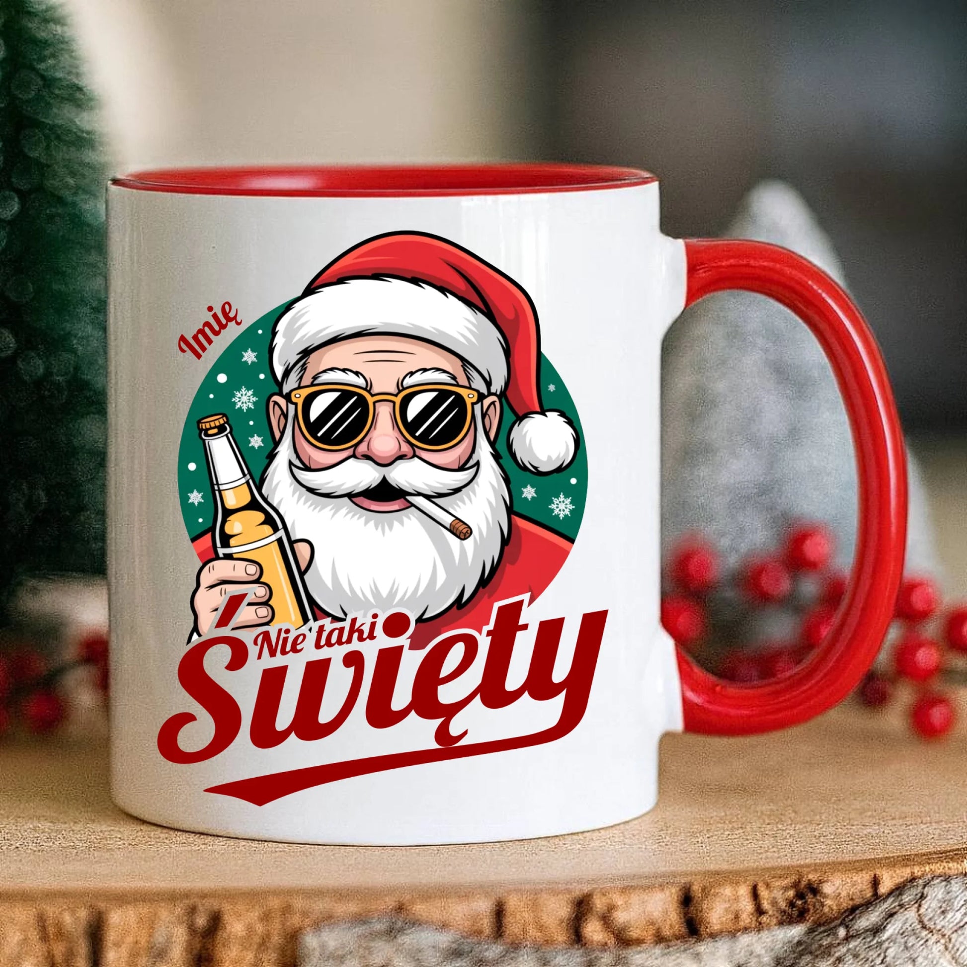 Kubek świąteczny - Mikołaj nie taki święty - personalizowany BN80 - StoryCups.pl