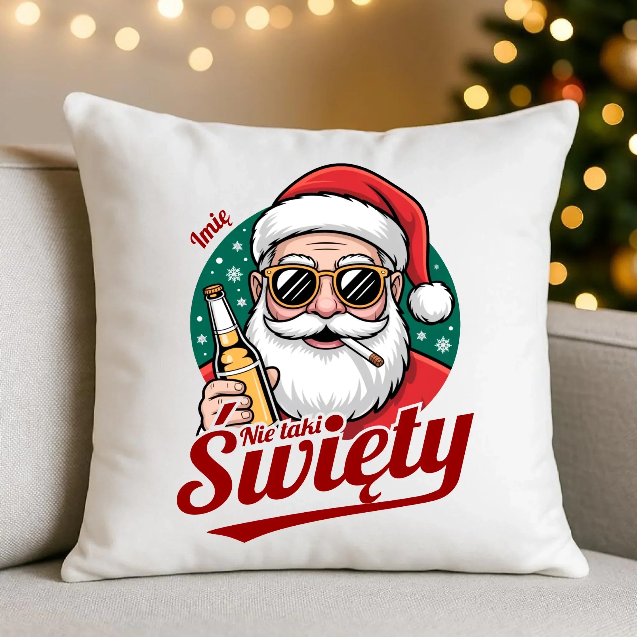 Poduszka świąteczna - Mikołaj nie taki święty - personalizowana BN80 - StoryCups.pl