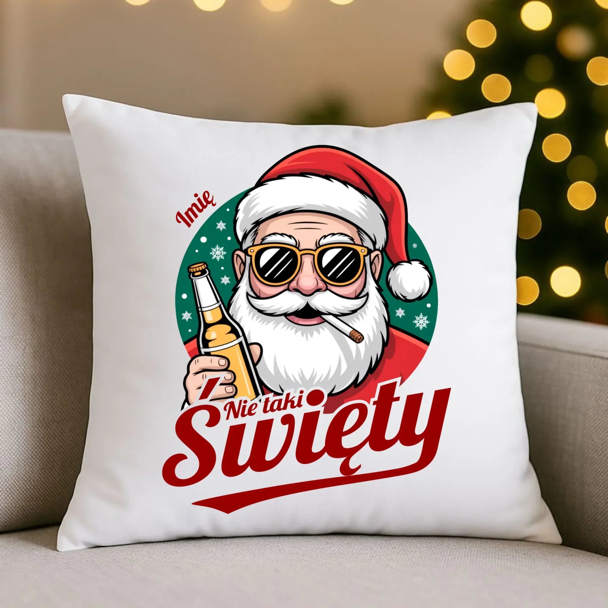 Poduszka świąteczna - Mikołaj nie taki święty - personalizowana BN80 - StoryCups.pl