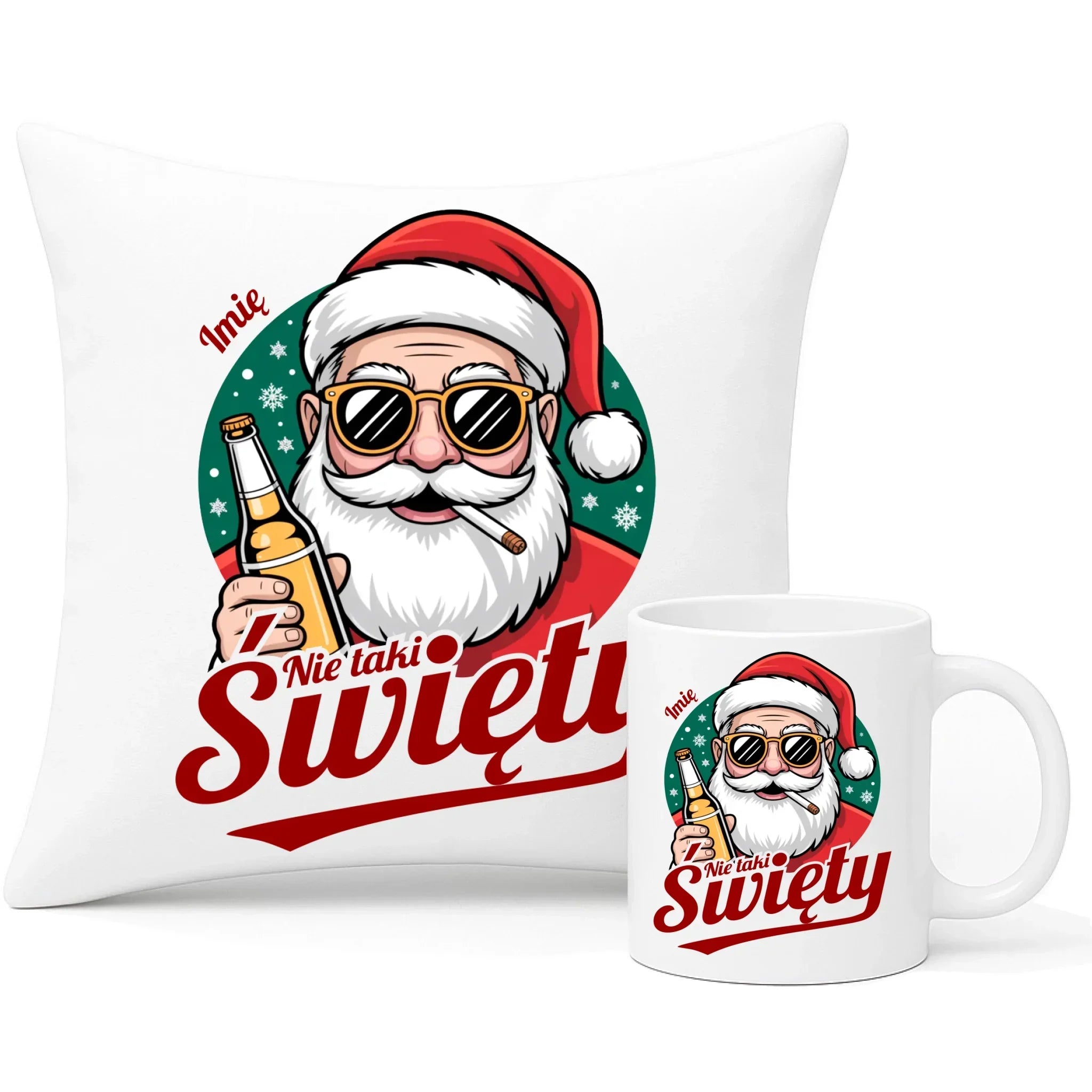Zestaw poduszka i kubek świąteczny - Mikołaj nie taki święty - personalizowany BN80 - StoryCups.pl