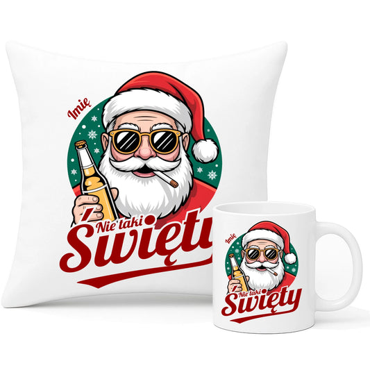 Zestaw poduszka i kubek świąteczny - Mikołaj nie taki święty - personalizowany BN80 - StoryCups.pl