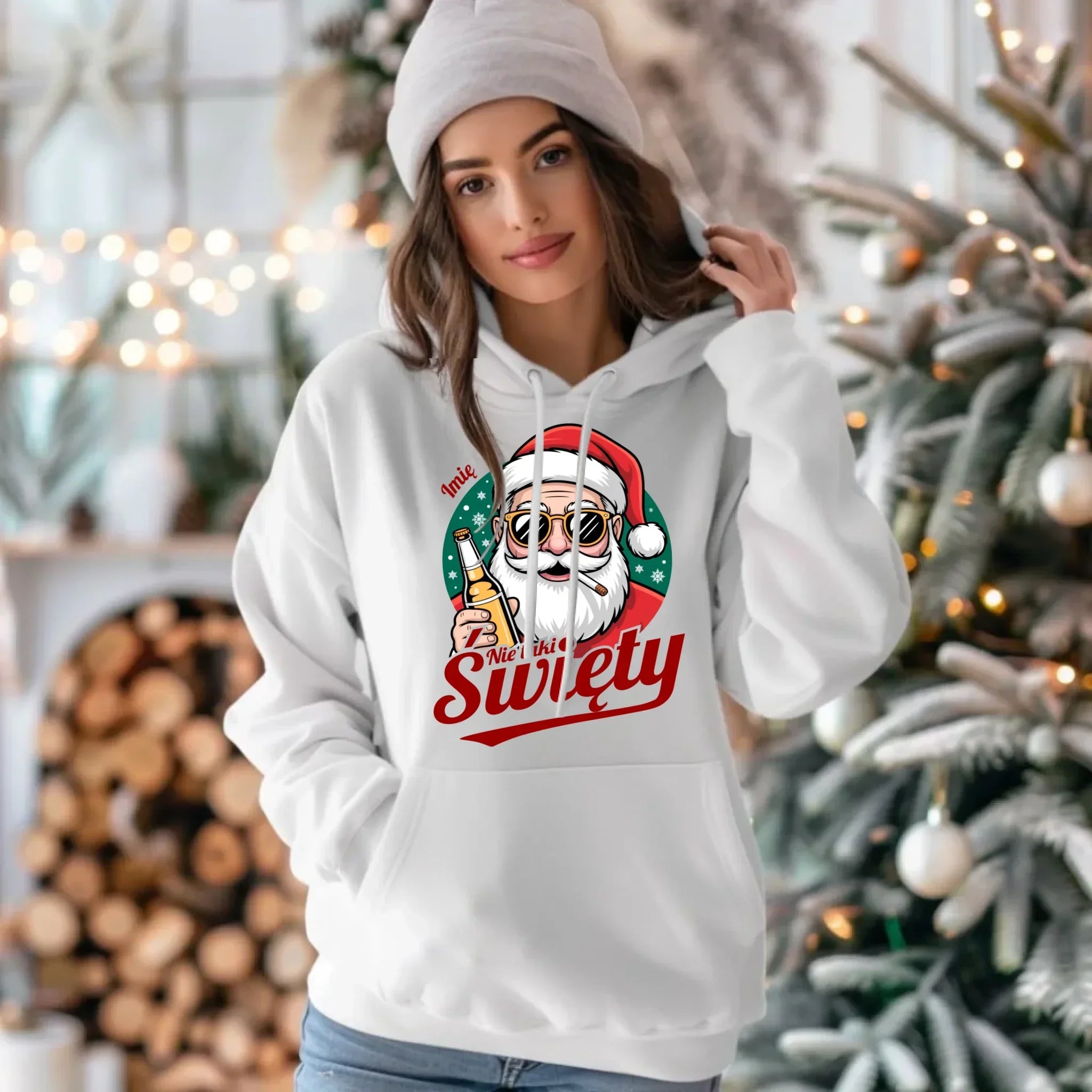 Bluza damska z kapturem świąteczna - Mikołaj nie taki święty - personalizowana BN80 - StoryCups.pl